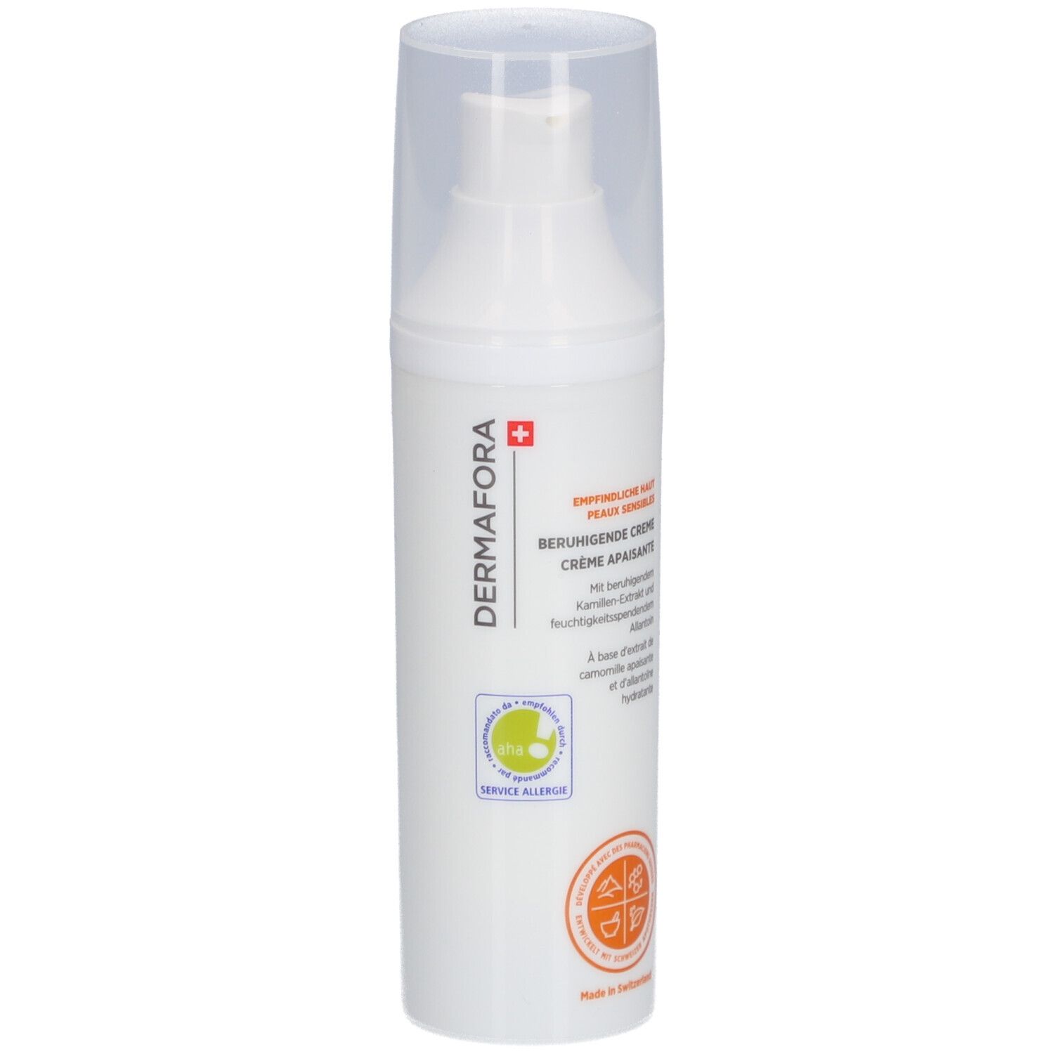 Flacon blanc avec pompe. Inscription: DERMAFORA, Crème apaisante. Logos et texte.