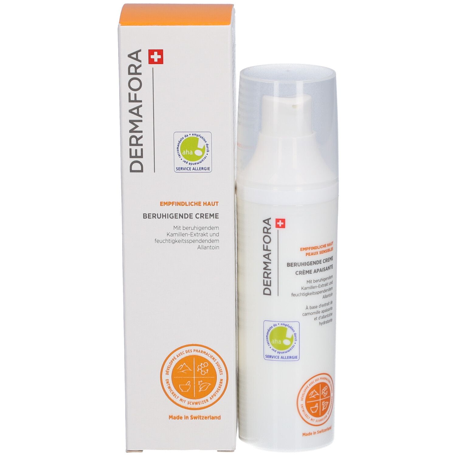 Flacon et emballage. Inscription: DERMAFORA, Crème apaisante. Logos et texte.