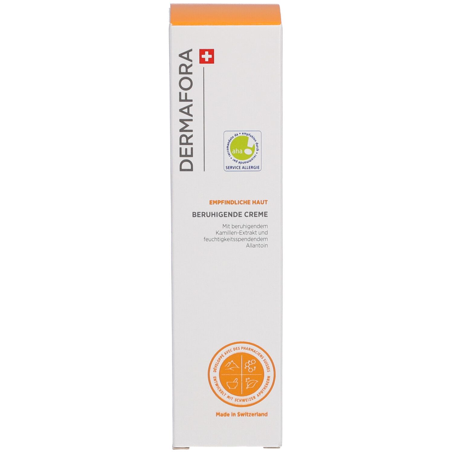 Emballage. Inscription: DERMAFORA, Crème apaisante. Logos et texte. Croix suisse.