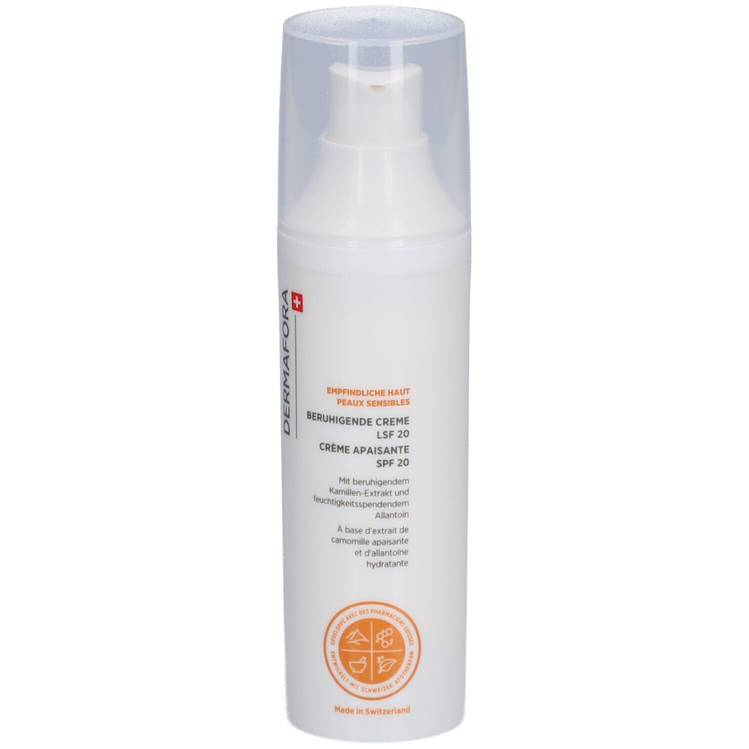Witte fles met dispenser. Opschrift: DERMAFORA, Beruhigende Creme LSF 20. Zwitsers kruis.