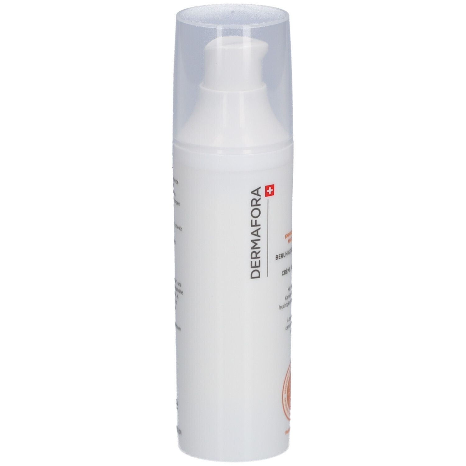 Witte fles met dispenser, zijaanzicht. Opschrift: DERMAFORA. Zwitsers kruis. Tekst.