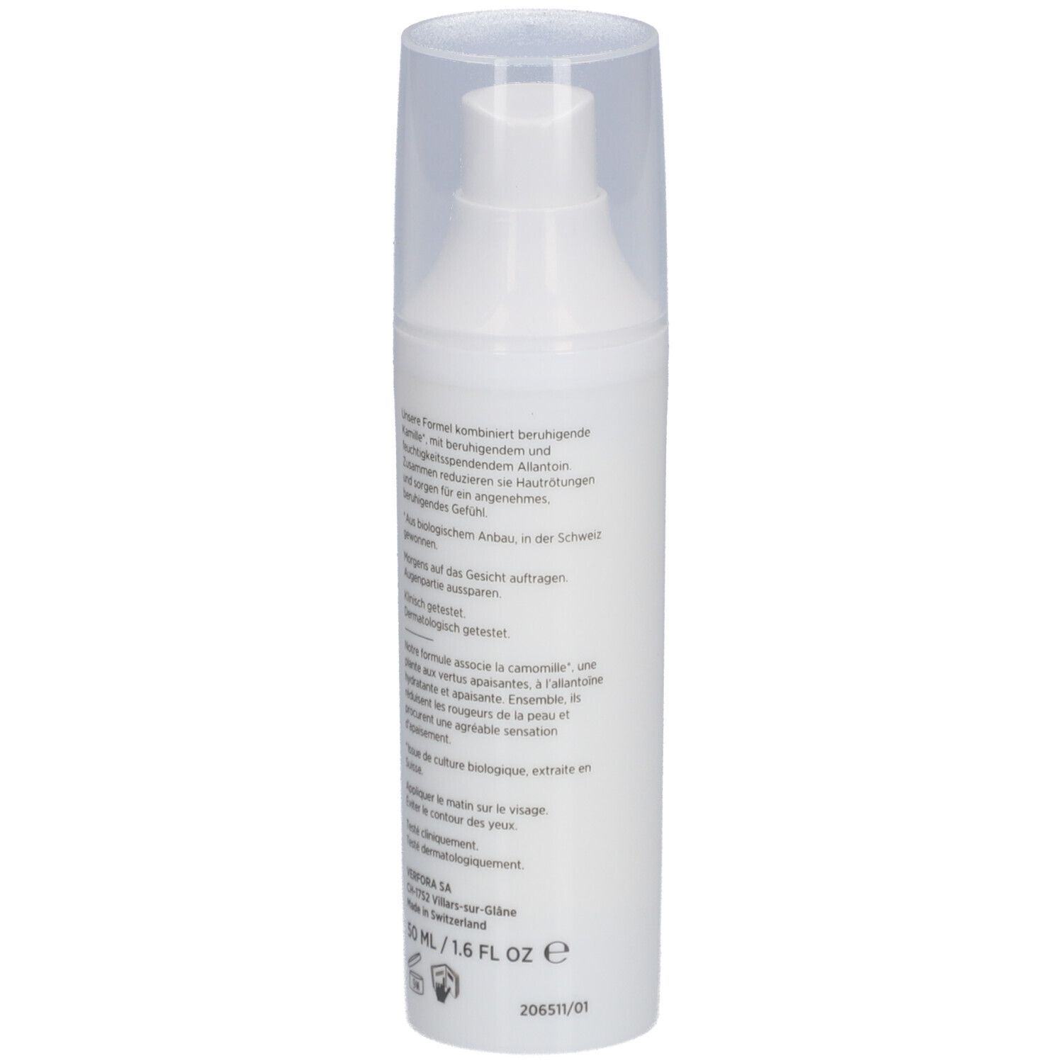 Witte fles met dispenser, achteraanzicht. Tekst. Opschrift: DERMAFORA. Zwitsers kruis. 50 ml/1.6 FL OZ e.