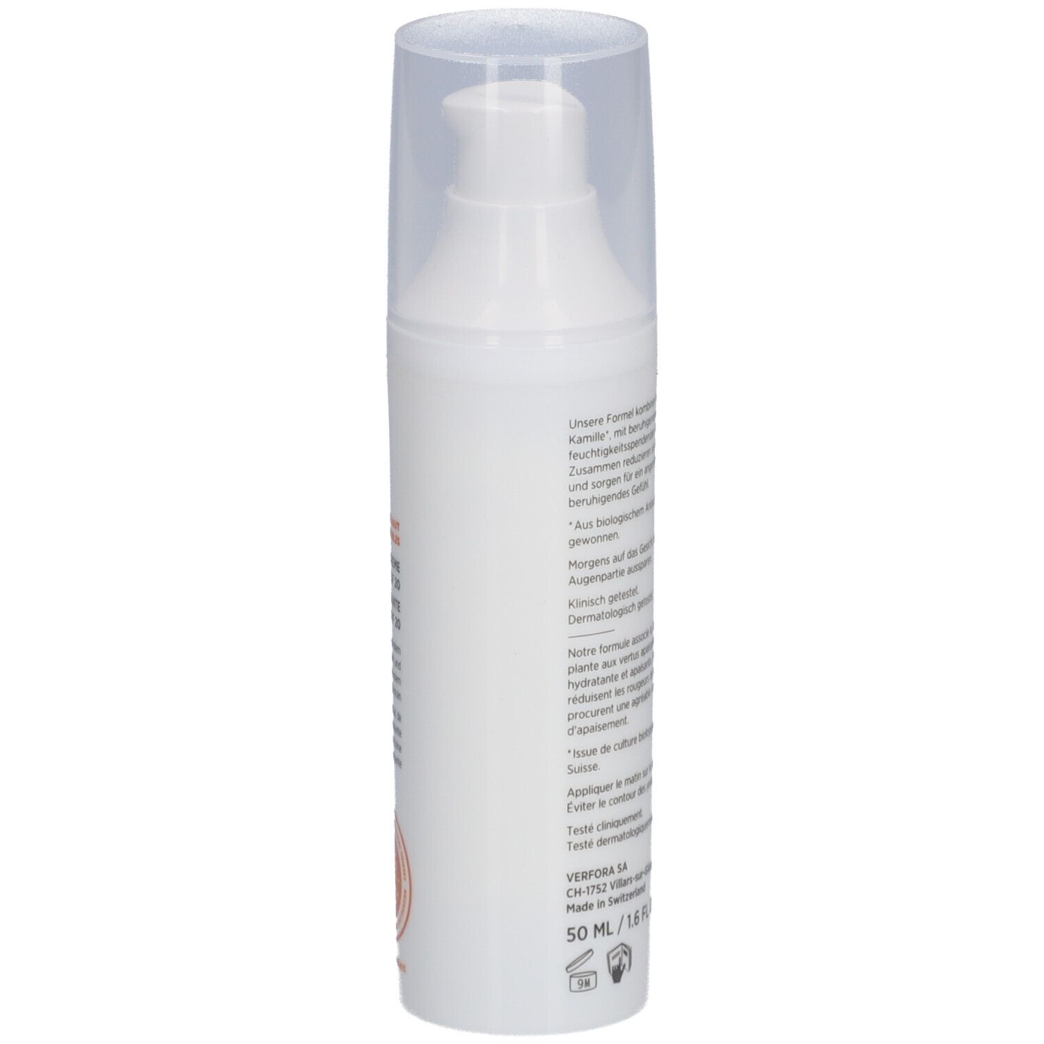 Witte fles met dispenser, zijaanzicht. Tekst. Opschrift: DERMAFORA. Zwitsers kruis. 50 ml/1.6 FL OZ e.