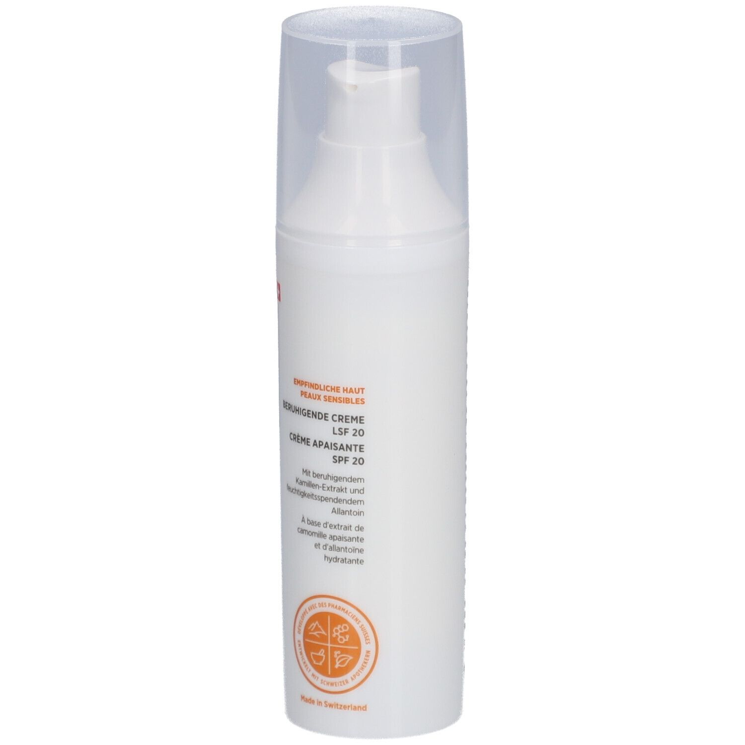 Witte fles met dispenser. Opschrift: DERMAFORA, Beruhigende Creme LSF 20. Zwitsers kruis.