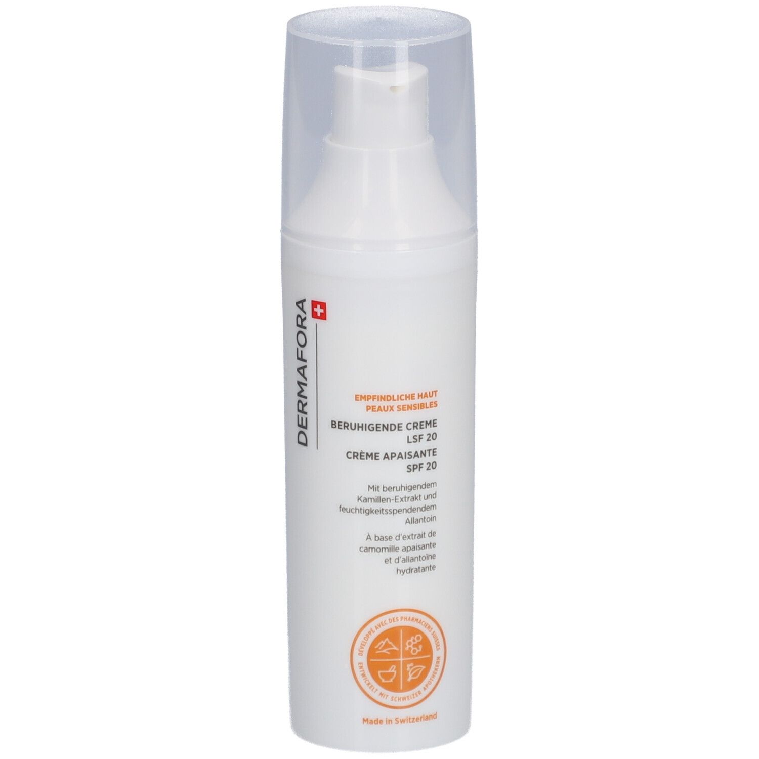 Witte fles met dispenser. Opschrift: DERMAFORA, Beruhigende Creme LSF 20. Zwitsers kruis.