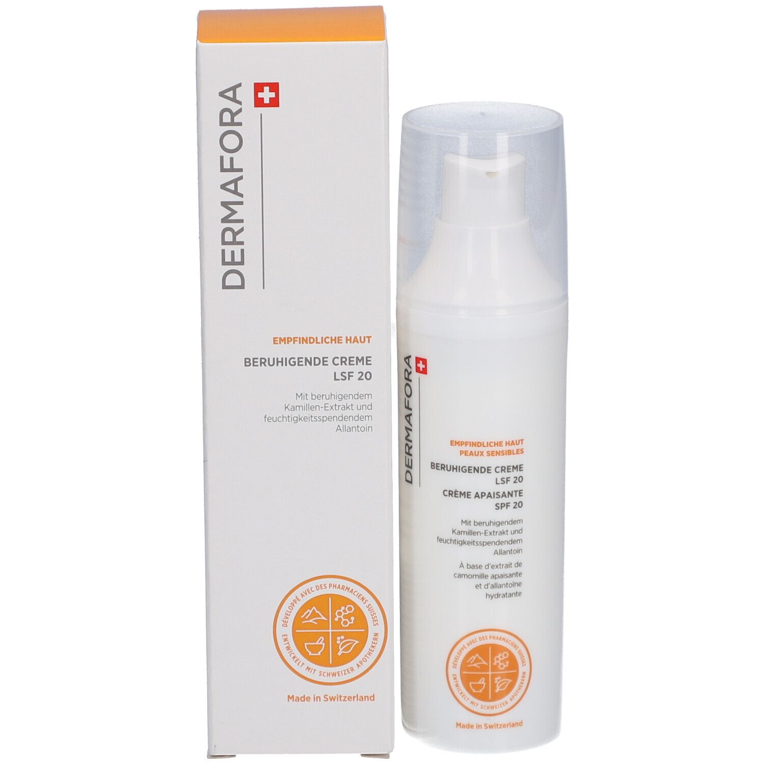 Product met verpakking. Witte fles met dispenser en doos. Opschrift: DERMAFORA, Beruhigende Creme LSF 20.