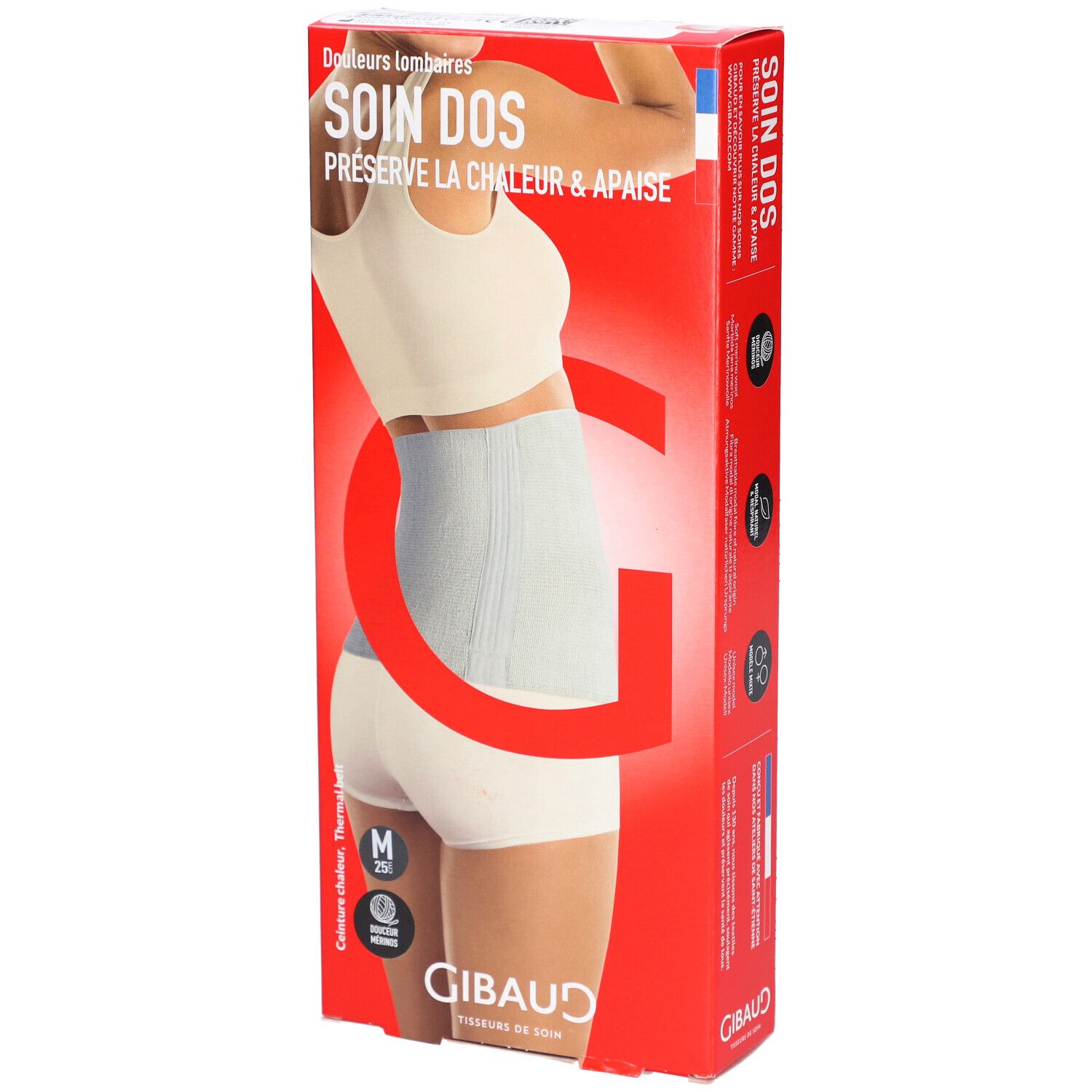 Verpakking met productafbeelding. Opschrift: SOIN DOS, GIBAUD. Product: Nierwarmer, antraciet, maat M.