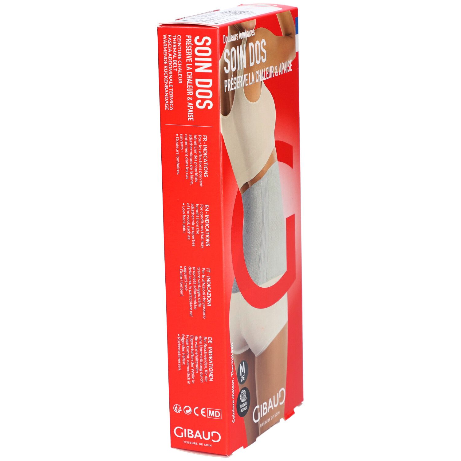 Zijaanzicht van de productverpakking. Opschrift: SOIN DOS, GIBAUD. Bevat informatie en productafbeelding.