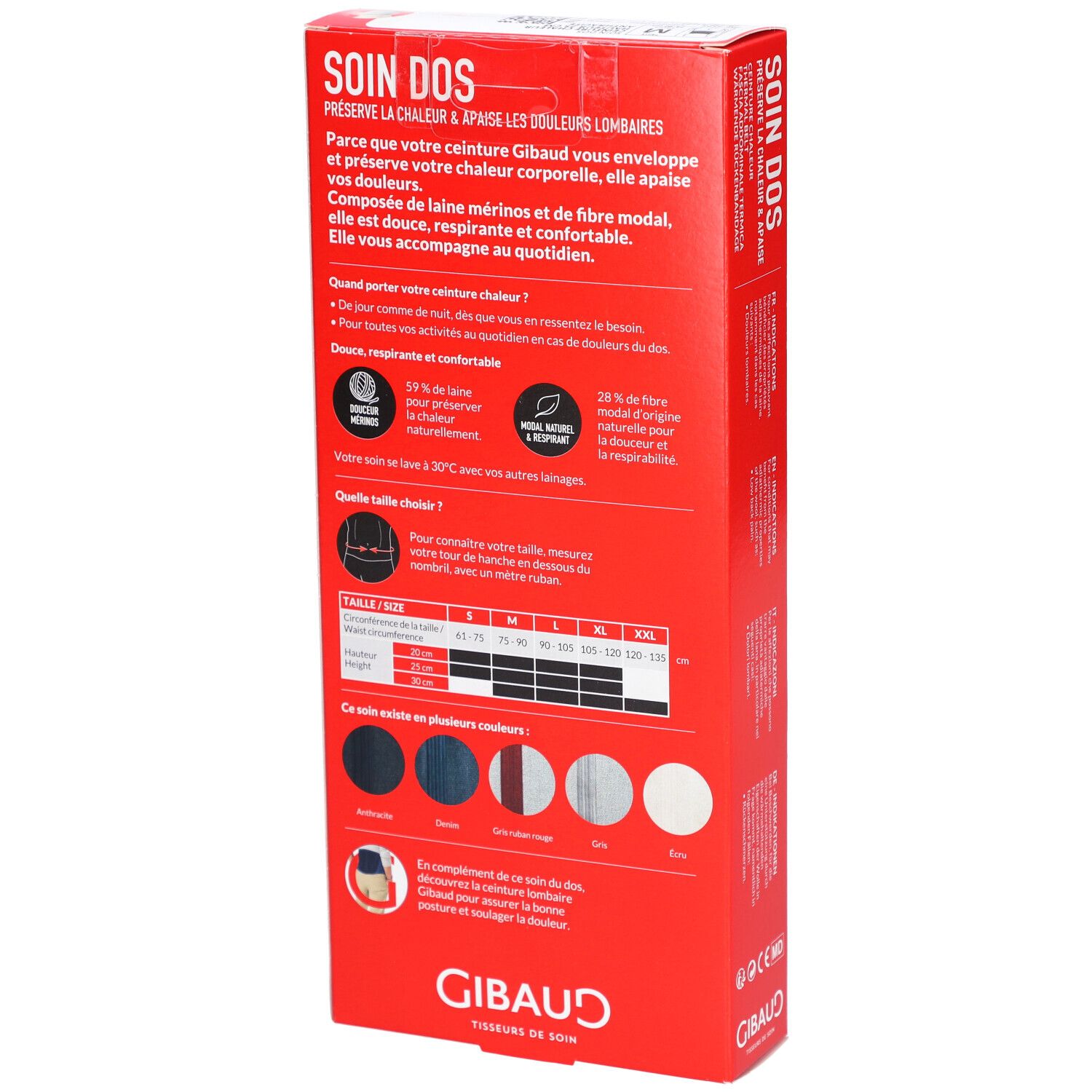 Achterkant van de productverpakking. Tekst: SOIN DOS, GIBAUD. Informatie over materiaal, maat en kleuren.