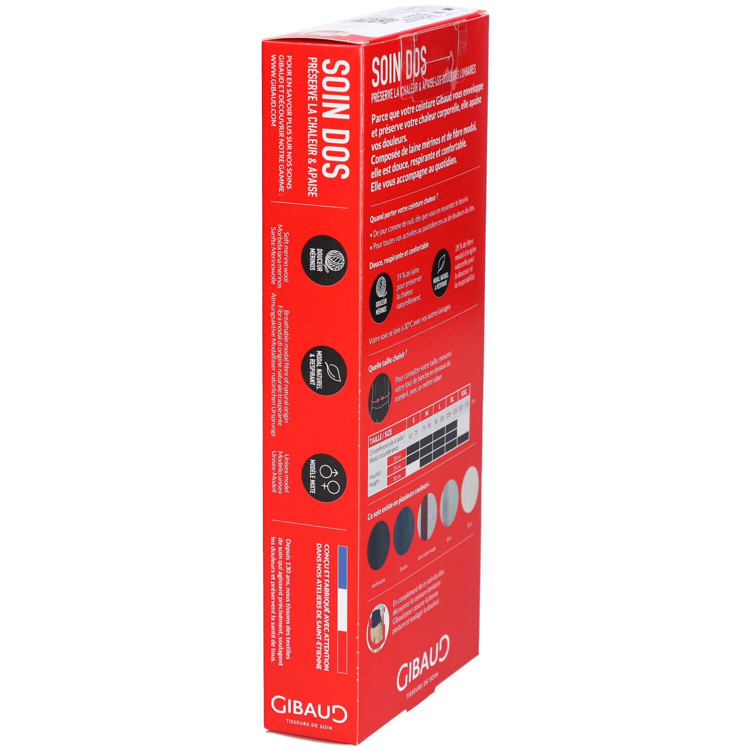 Zijaanzicht van de productverpakking. Opschrift: SOIN DOS, GIBAUD. Informatie en productafbeelding.