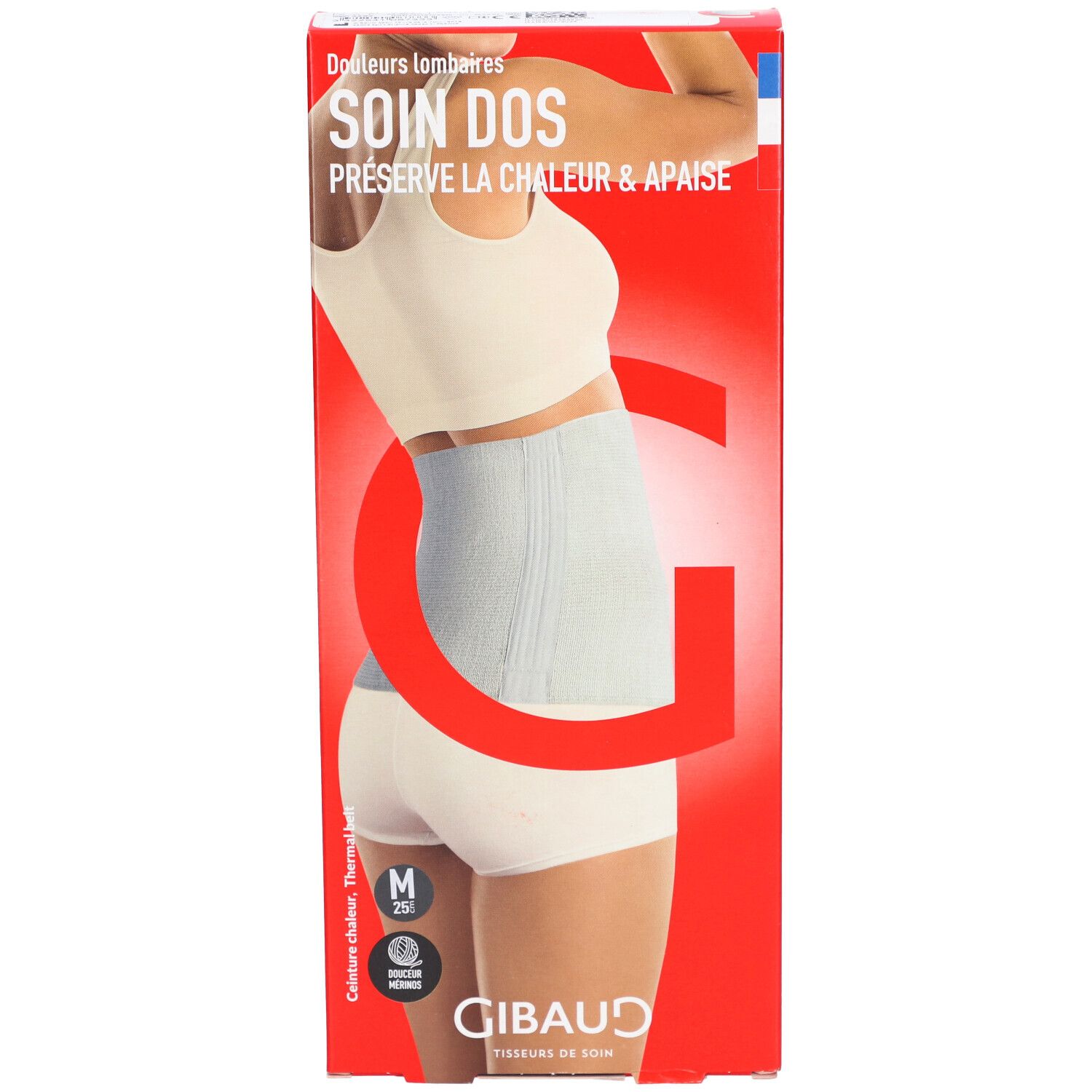 Productafbeelding op verpakking. Nierwarmer, antraciet, maat M. Opschrift: SOIN DOS, GIBAUD.