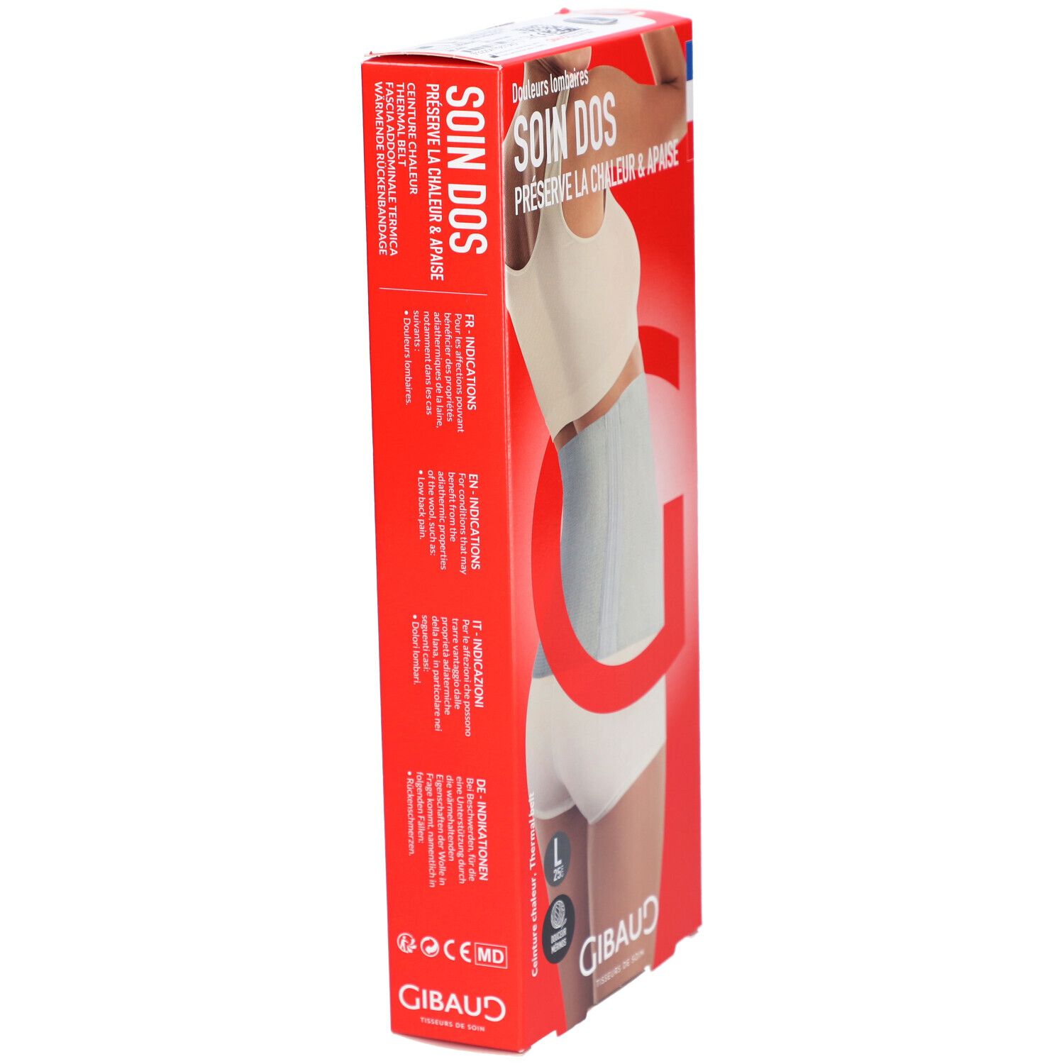 Rode verpakking, zijaanzicht. Tekst: SOIN DOS, illustratie van het product. Merk: GIBAUD. CE-markering.