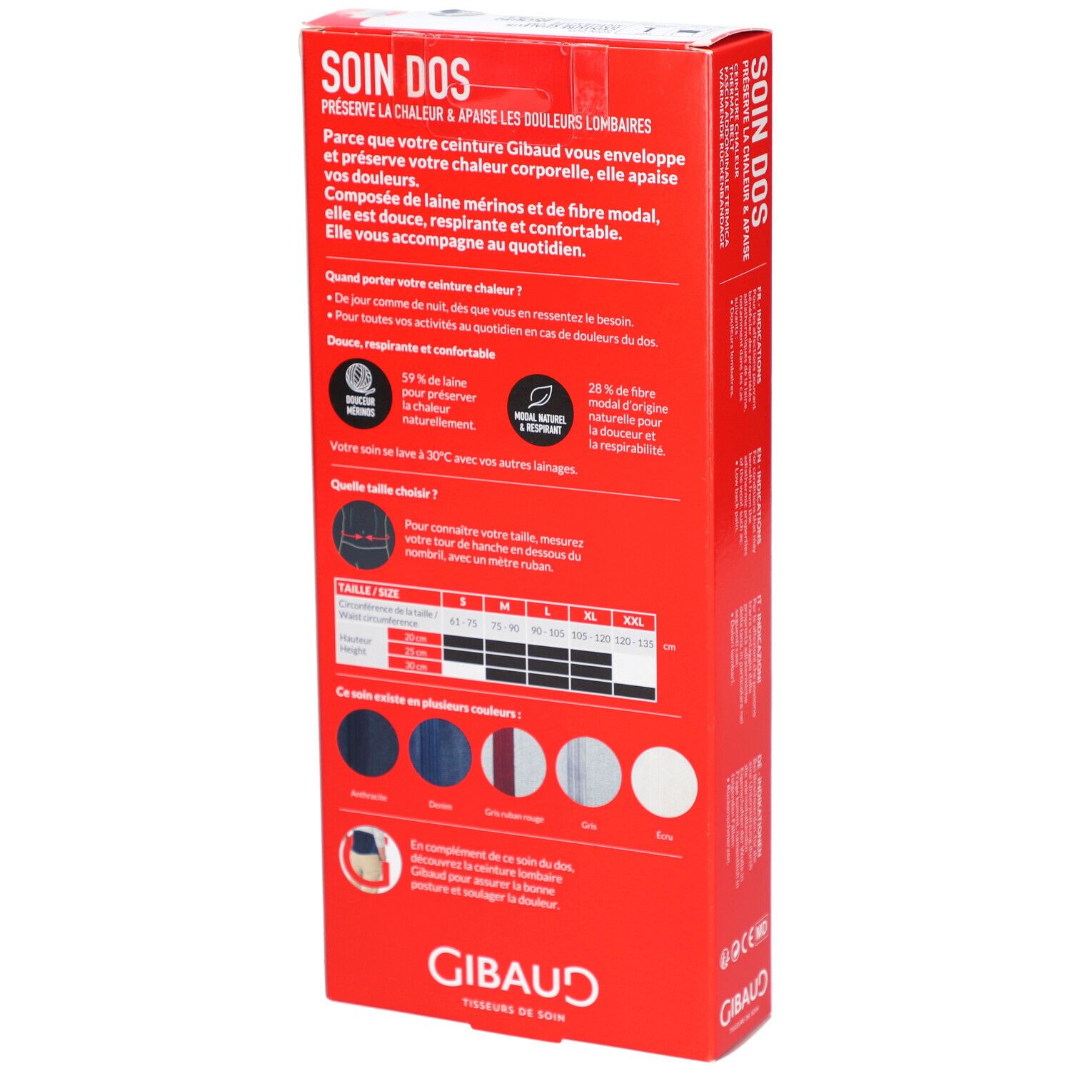 Achterkant van de verpakking. Tekst: SOIN DOS, productbeschrijving, maattabel, kleurenkeuze. Merk: GIBAUD. CE-markering.