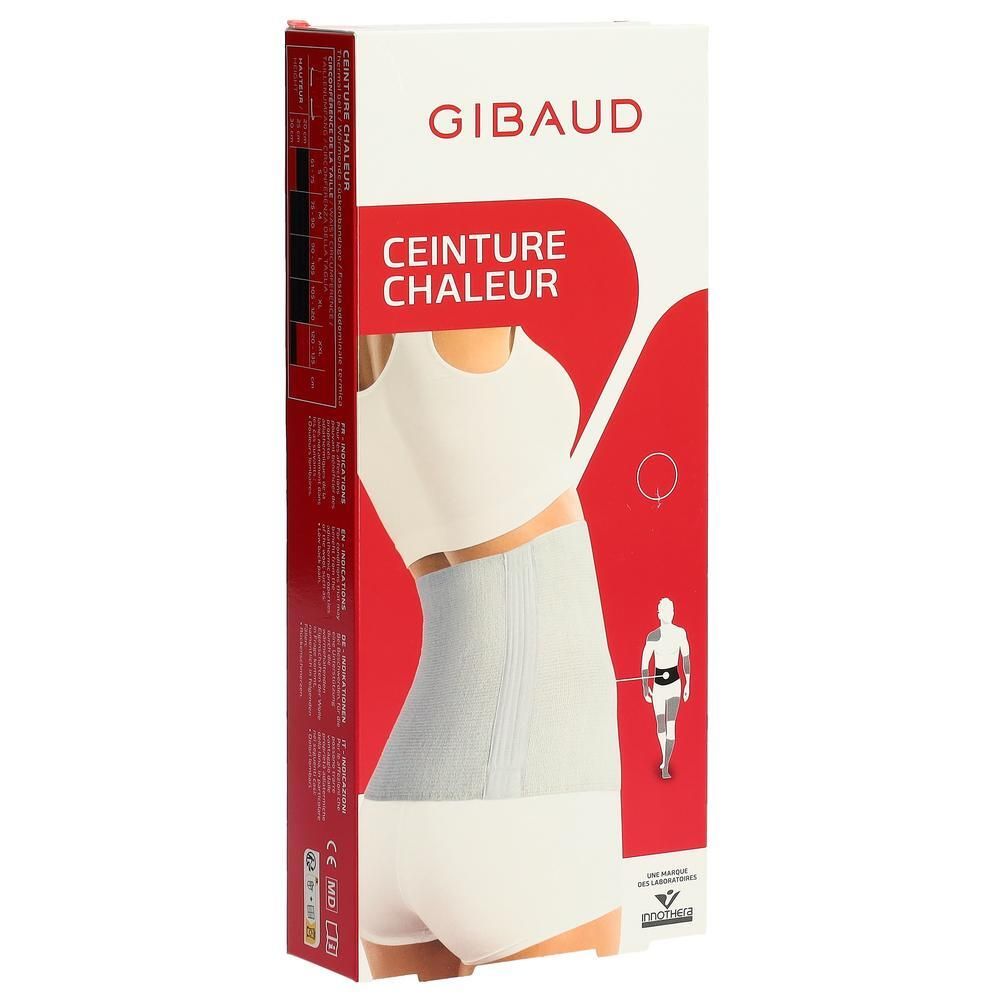 Verpakking met productafbeelding. Opschrift: GIBAUD, CEINTURE CHALEUR. Product: Thermogürtel, écru.