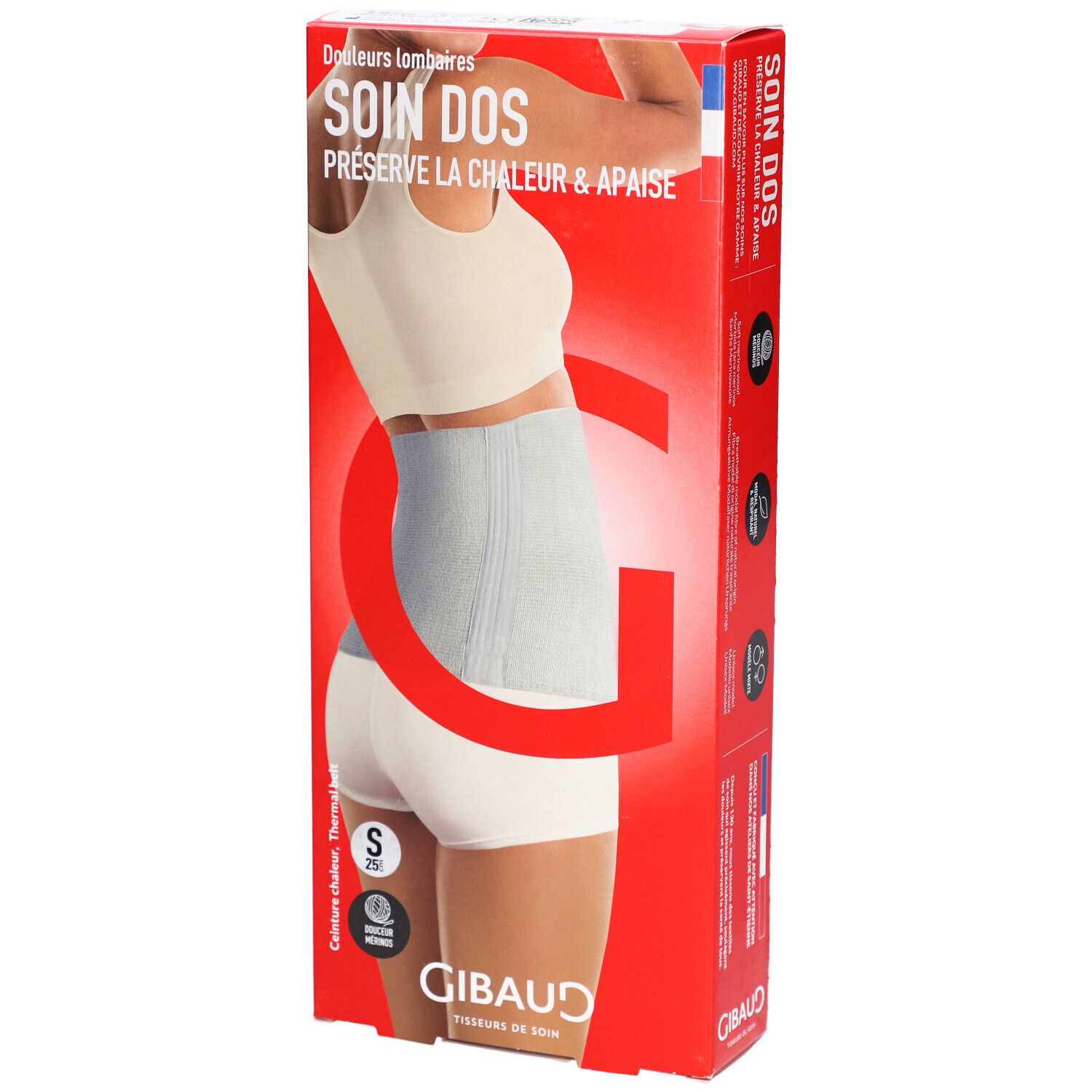 Boîte avec image du produit. Inscriptions: SOIN DOS, GIBAUD. Produit: Ceinture lombaire, écru, taille S.