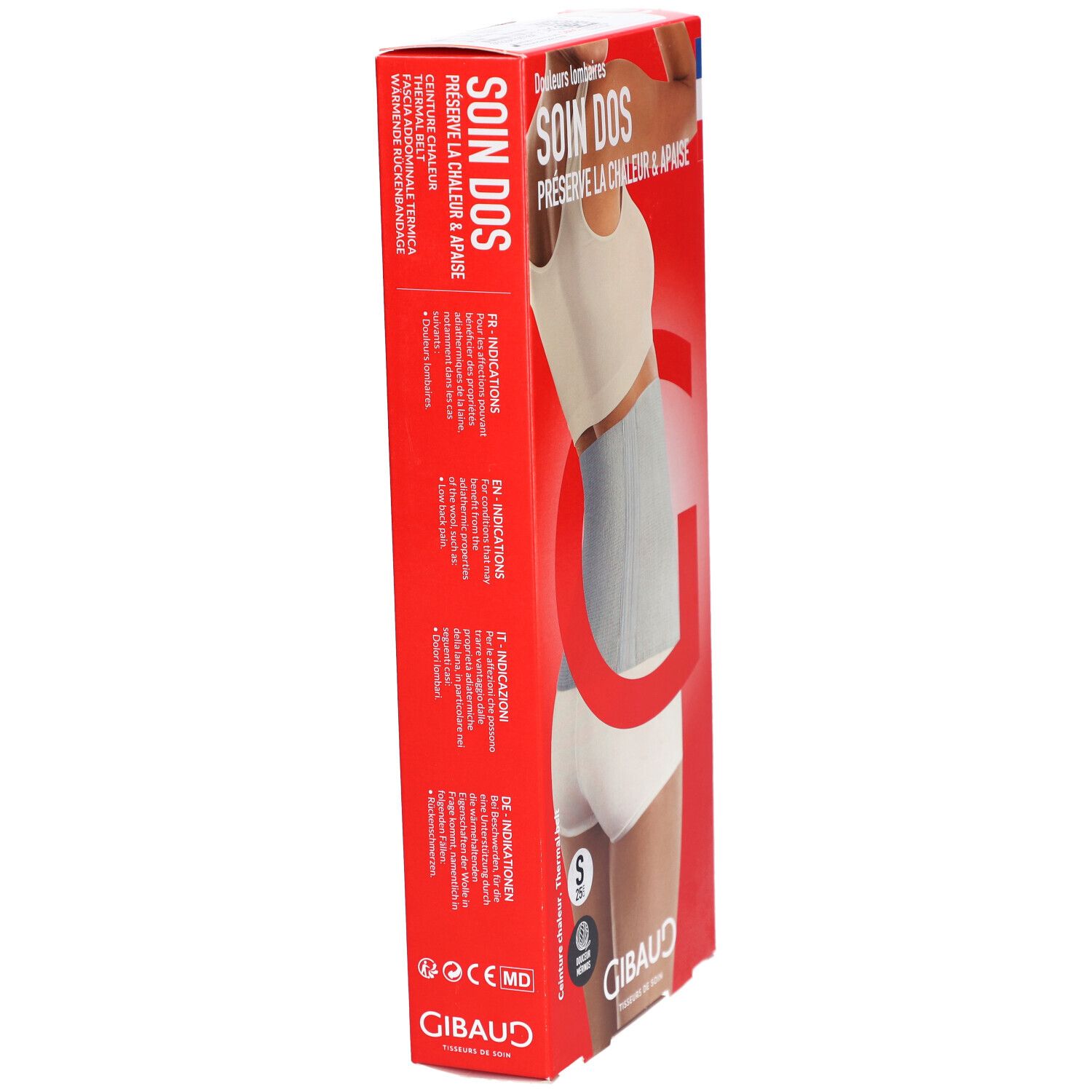 Emballage rouge. Inscriptions: SOIN DOS, GIBAUD. Produit: Ceinture lombaire, écru, taille S. Texte et pictogrammes.