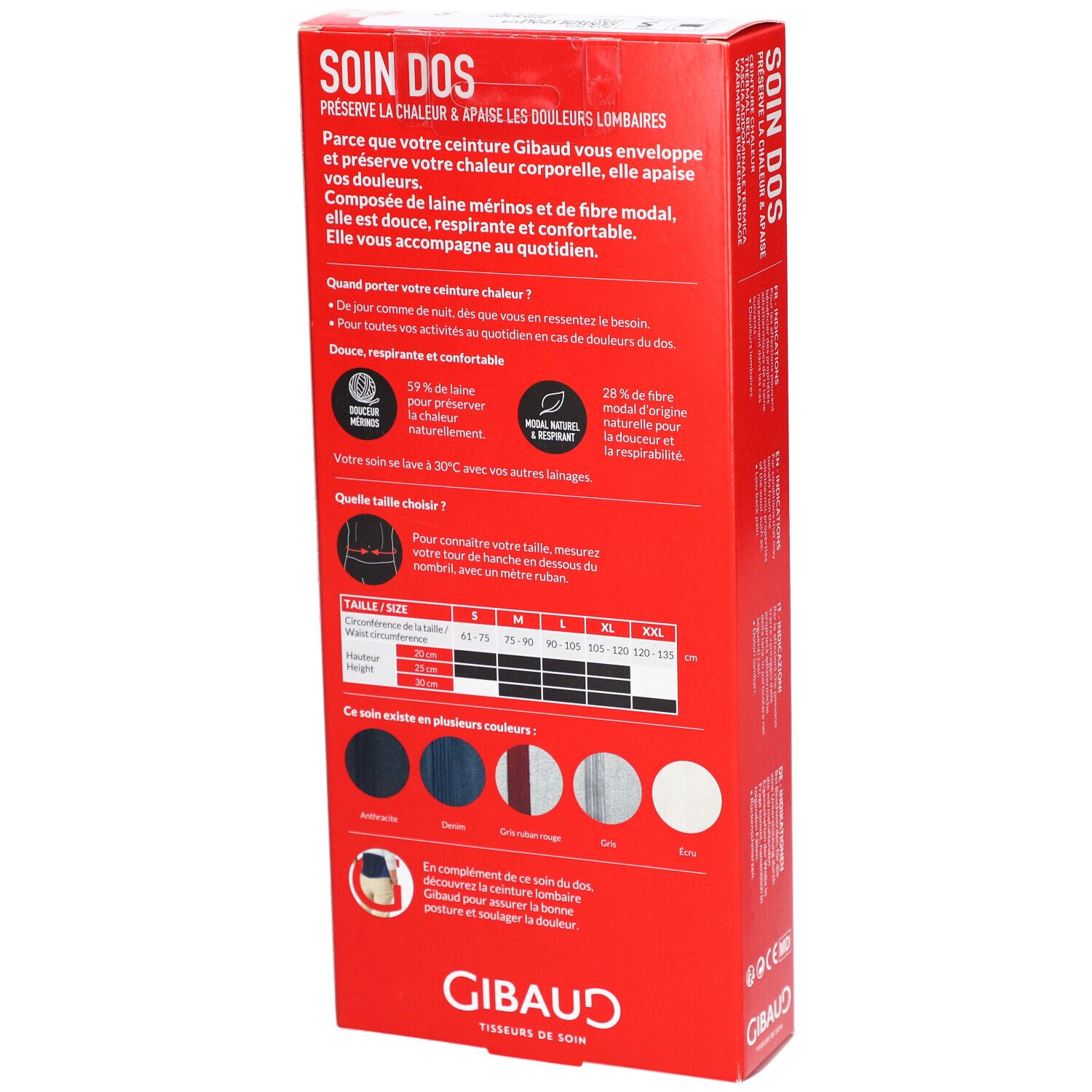 Dos de l'emballage. Texte en français. Affiché: Tableau des tailles, choix de couleurs, logo GIBAUD.