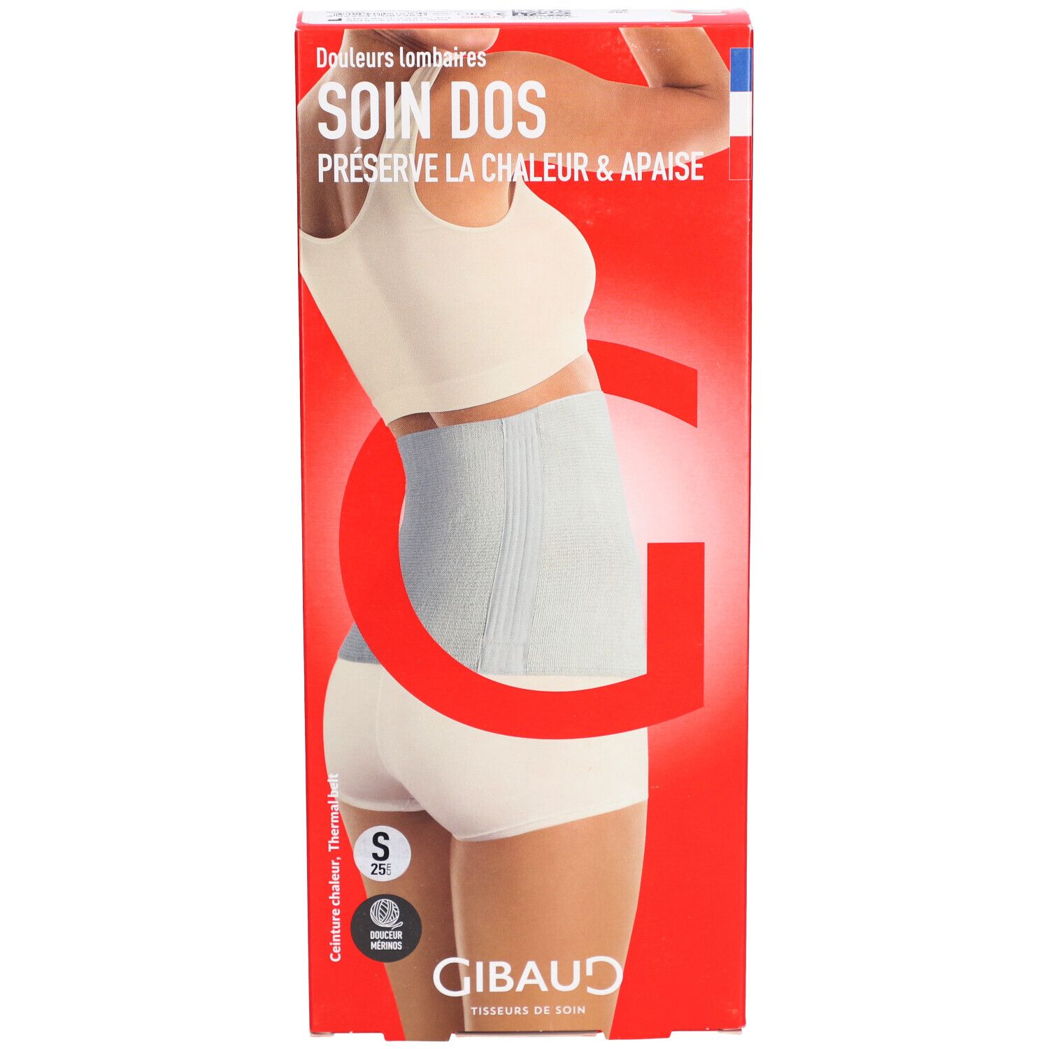 Boîte avec image du produit. Inscriptions: SOIN DOS, GIBAUD. Produit: Ceinture lombaire, écru, taille S.