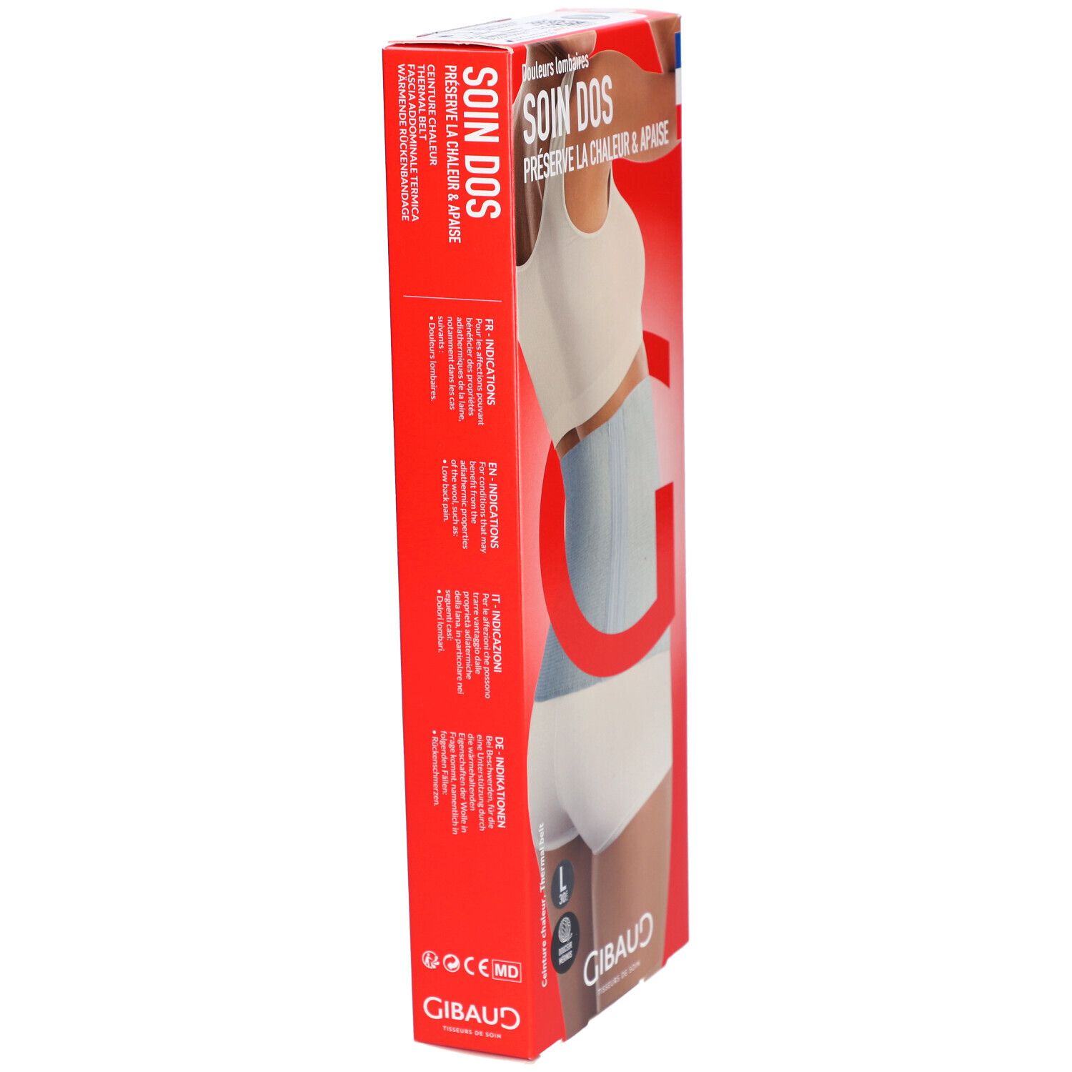Vue latérale de la boîte rouge. Texte « SOIN DOS » et logo GIBAUD. Image du produit.