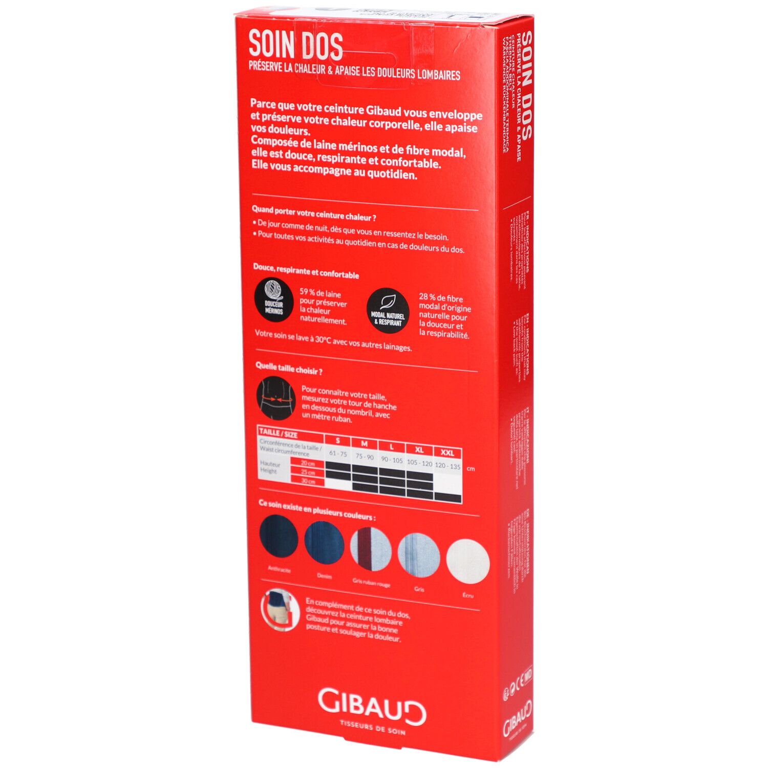 Dos de la boîte avec texte et graphiques. Logo GIBAUD. Tableau des tailles et choix de couleurs.