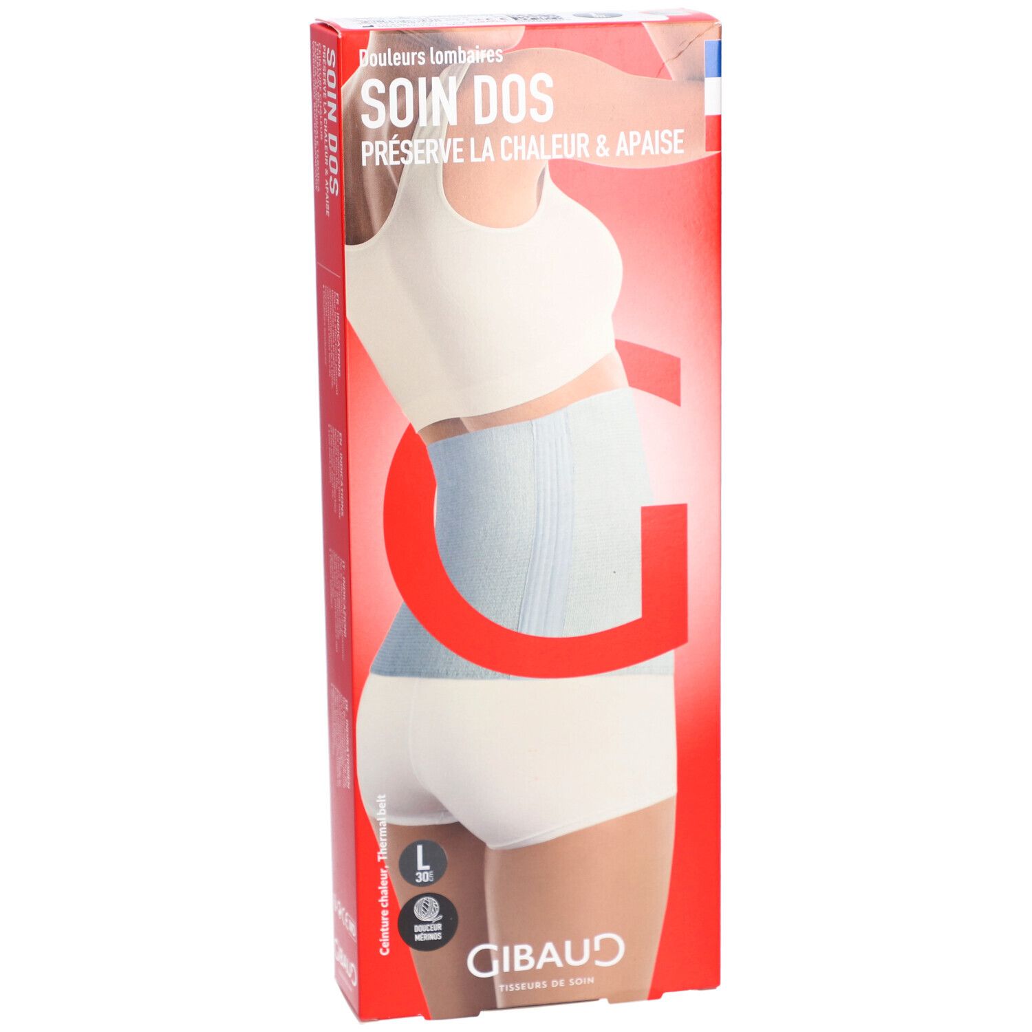 Boîte rouge avec image du produit. Texte « SOIN DOS » et « GIBAUD » visible. Produit porté.