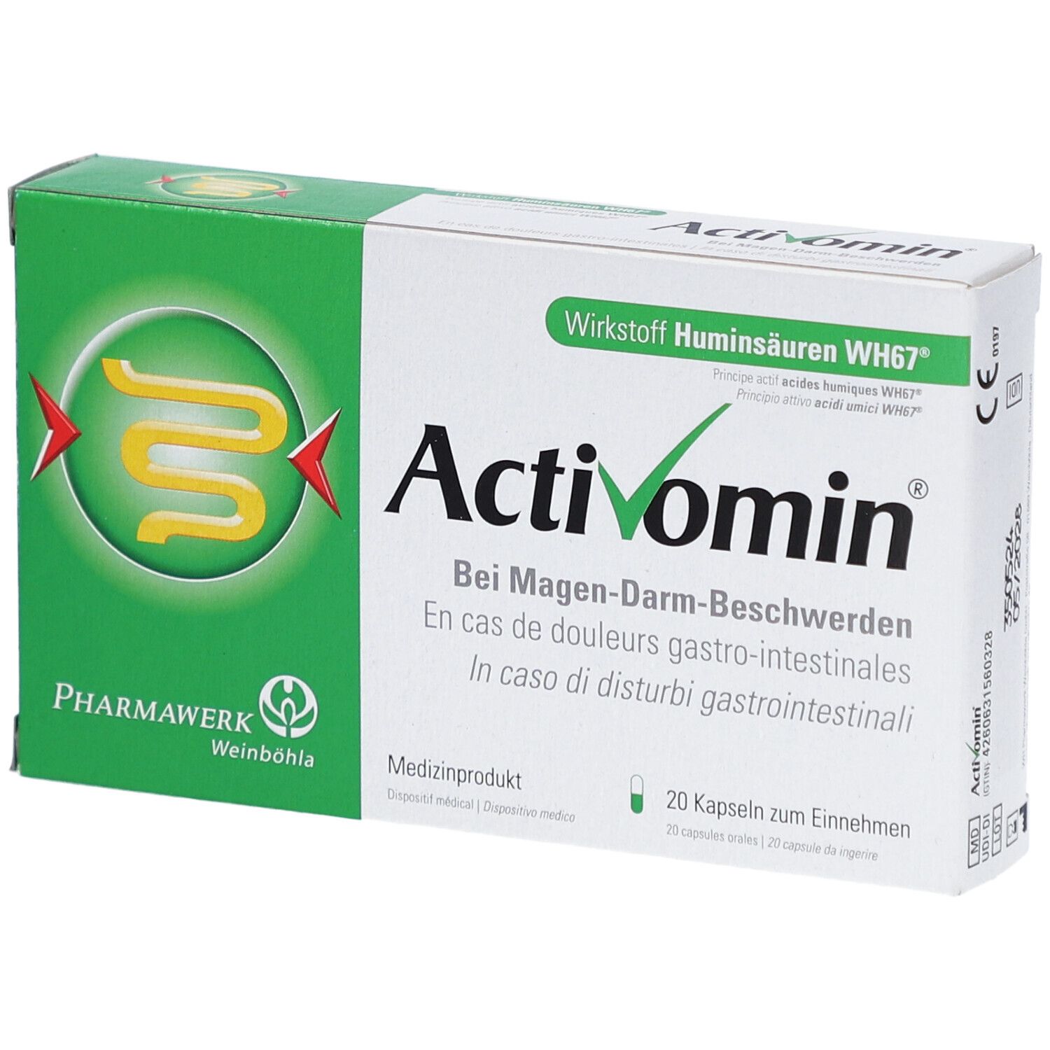 Doosje Activomin capsules. Groen-witte verpakking met productnaam en logo. 20 capsules.