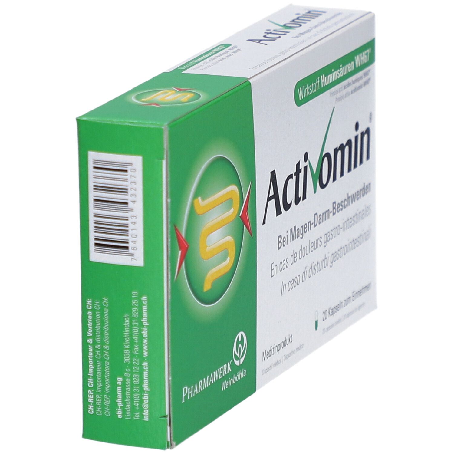 Schuin geplaatste doos Activomin capsules. Groen-witte verpakking met productnaam en logo. Barcode zichtbaar.