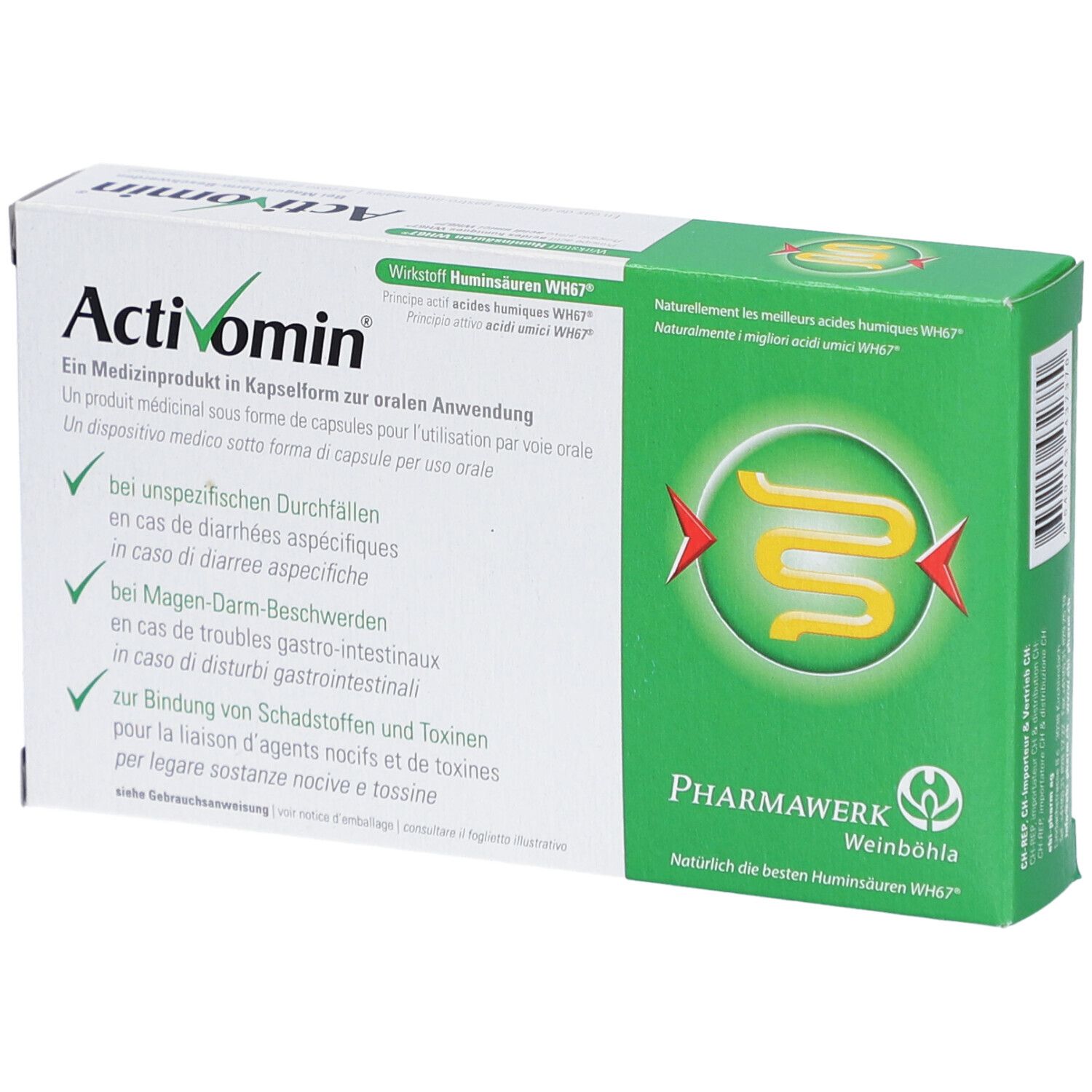 Activomin capsules doosje. Groen-witte verpakking met productinfo en logo. Meertalige tekst.