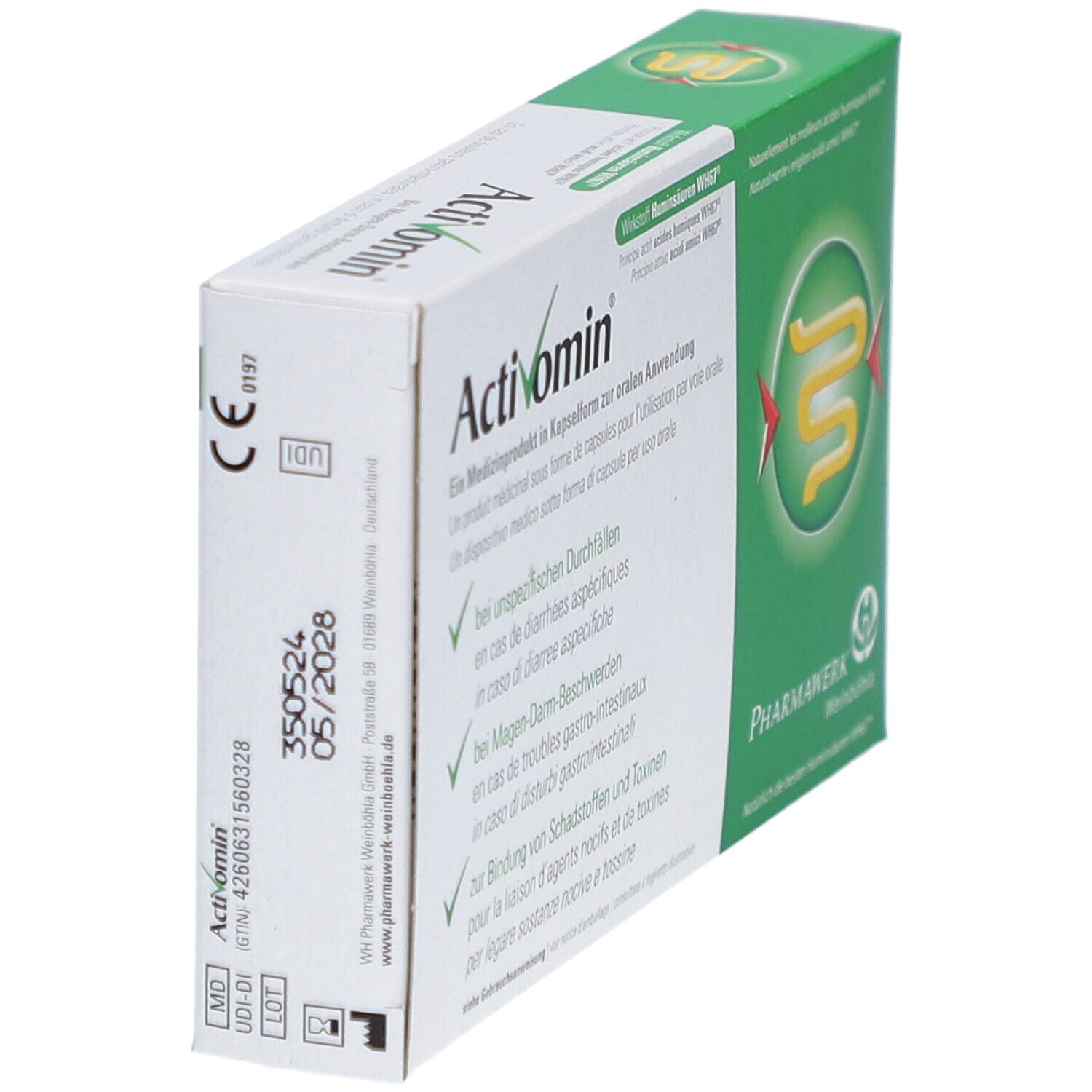 Schuin geplaatste doos Activomin capsules. Groen-witte verpakking met productinfo en logo. Houdbaarheidsdatum.
