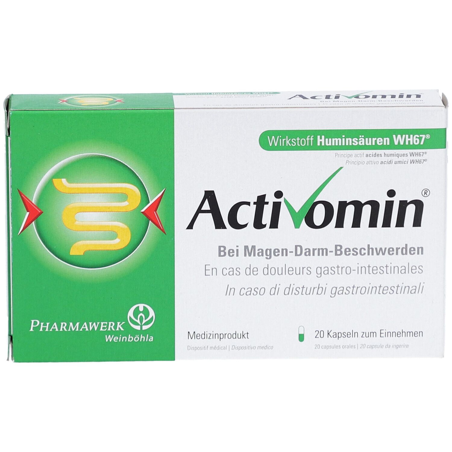 Doosje Activomin capsules. Groen-witte verpakking met productnaam en logo. 20 capsules.