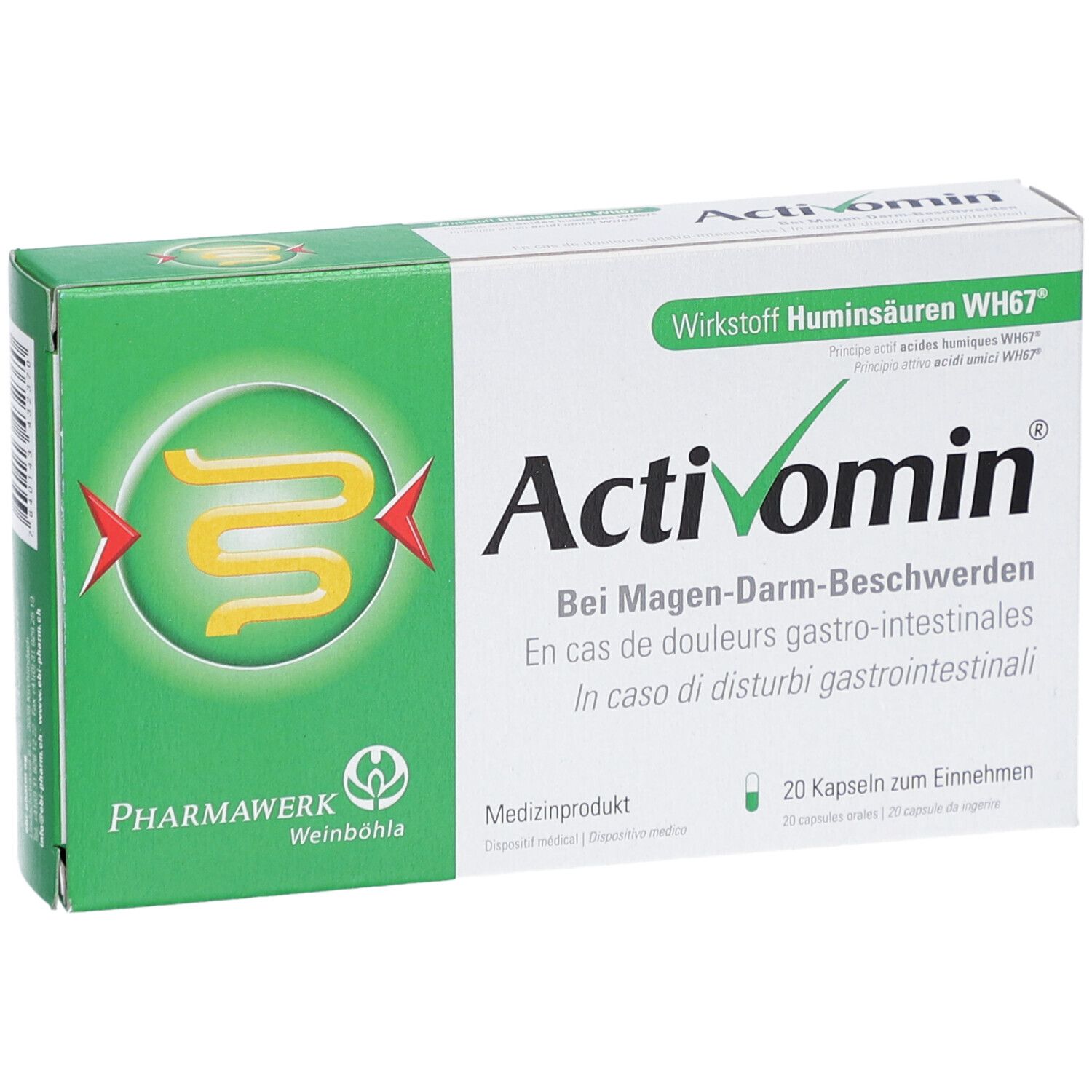 Doosje Activomin capsules. Groen-witte verpakking met productnaam en logo. 20 capsules.