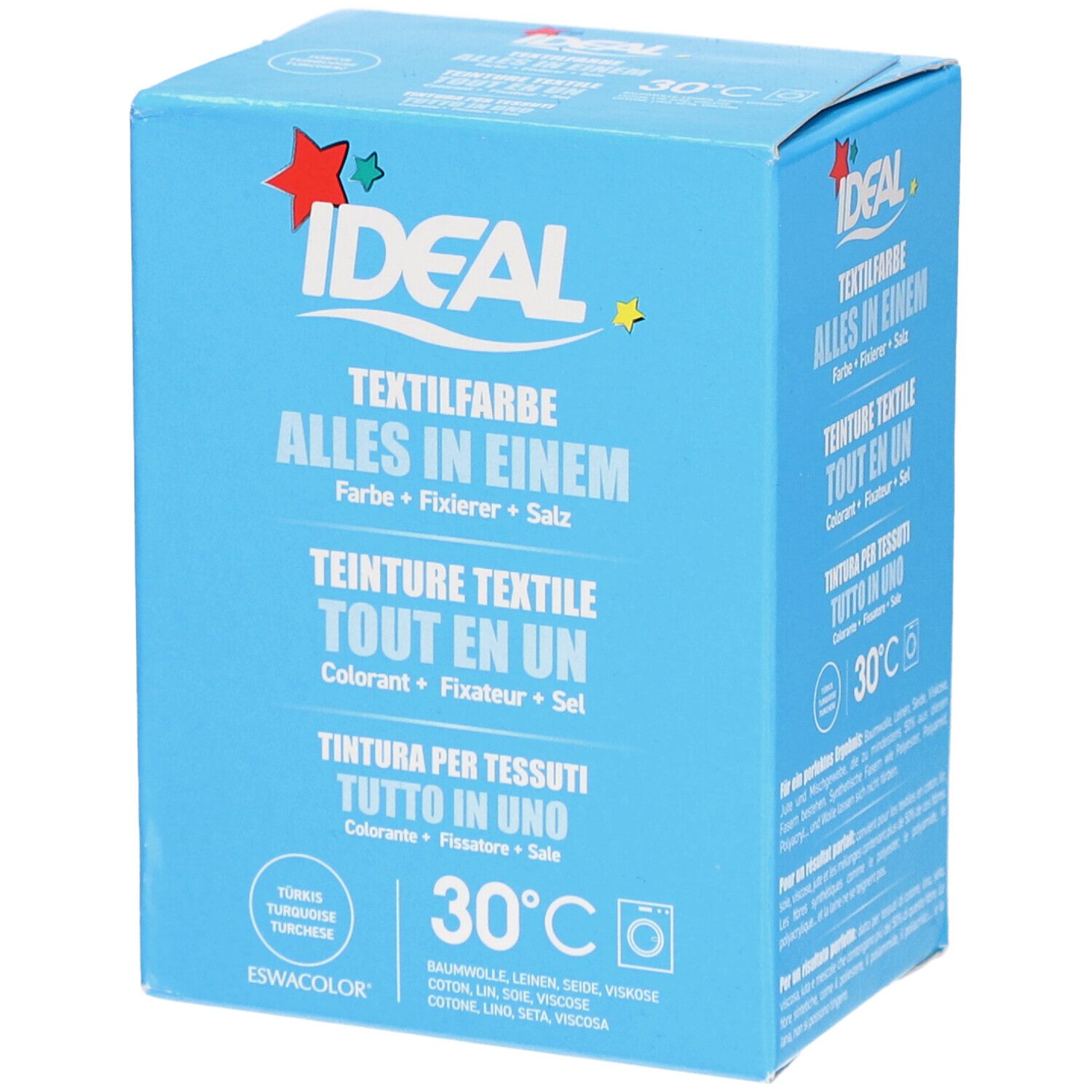 Lichtblauwe doos IDEAL Textilfarbe. Opschrift: Alles in één, kleur, fixeermiddel, zout. Wasmachine symbool 30°C. Turquoise.