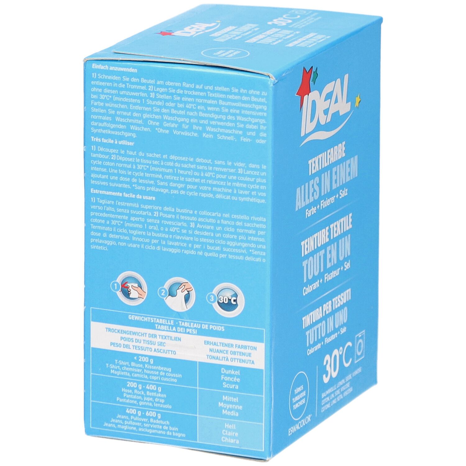 Lichtblauwe doos IDEAL Textilfarbe. Tekst en wassymbolen. Tabel met doseeraanbevelingen. Wasmachine symbool 30°C.