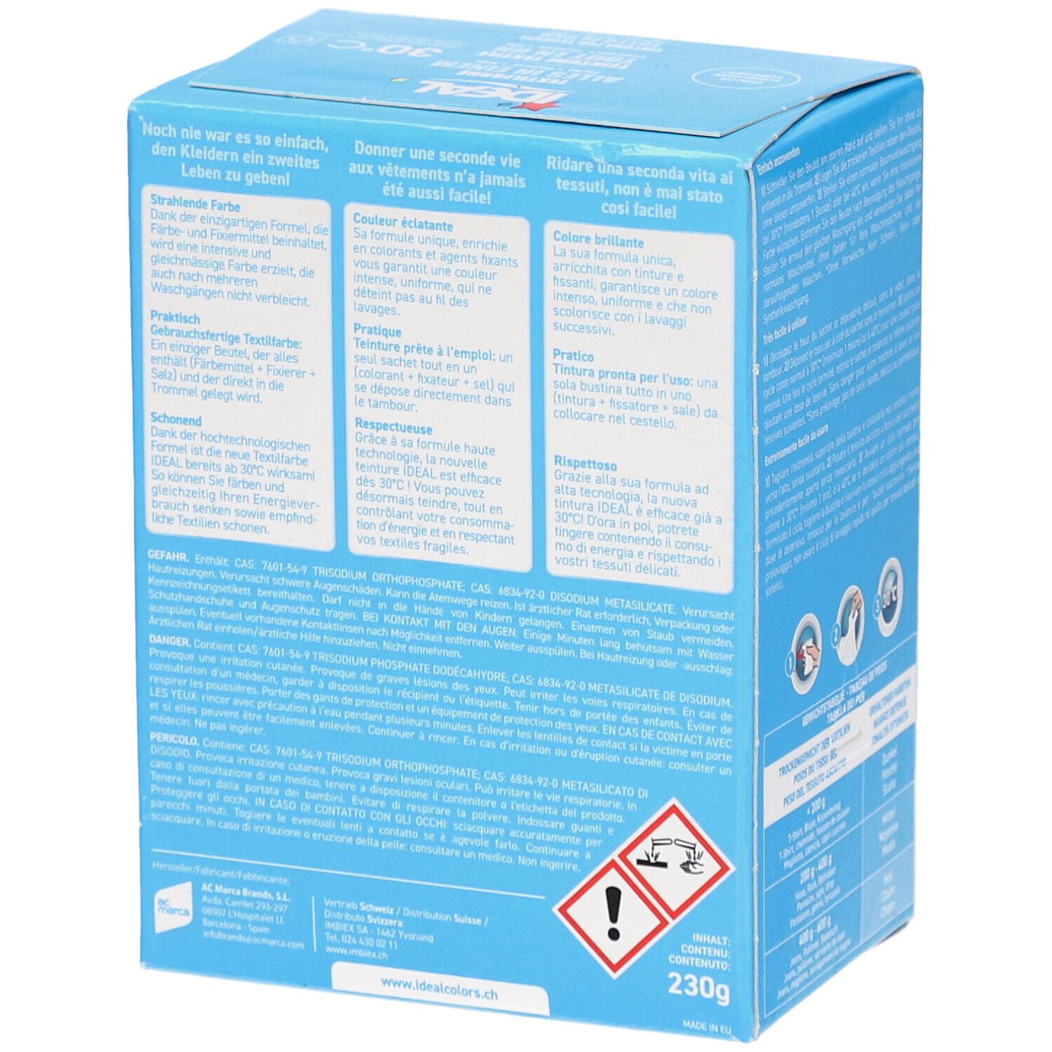 Lichtblauwe doos IDEAL Textilfarbe. Achterkant met tekst in het Duits, Frans en Italiaans. Waarschuwing en gewicht 230g.