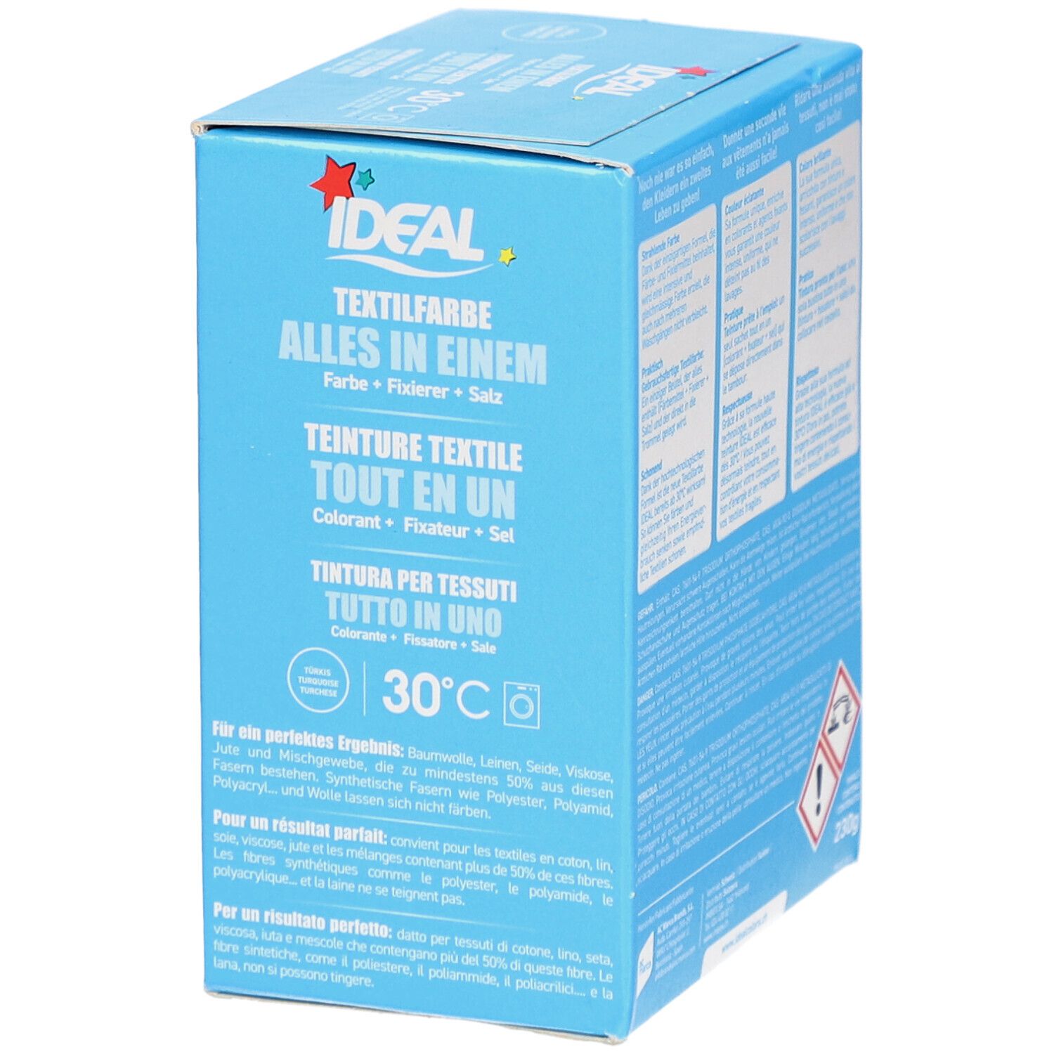 Lichtblauwe doos IDEAL Textilfarbe. Tekst in het Duits, Frans, Italiaans. Geschikt voor katoen, linnen, viscose. Wasmachine symbool 30°C.