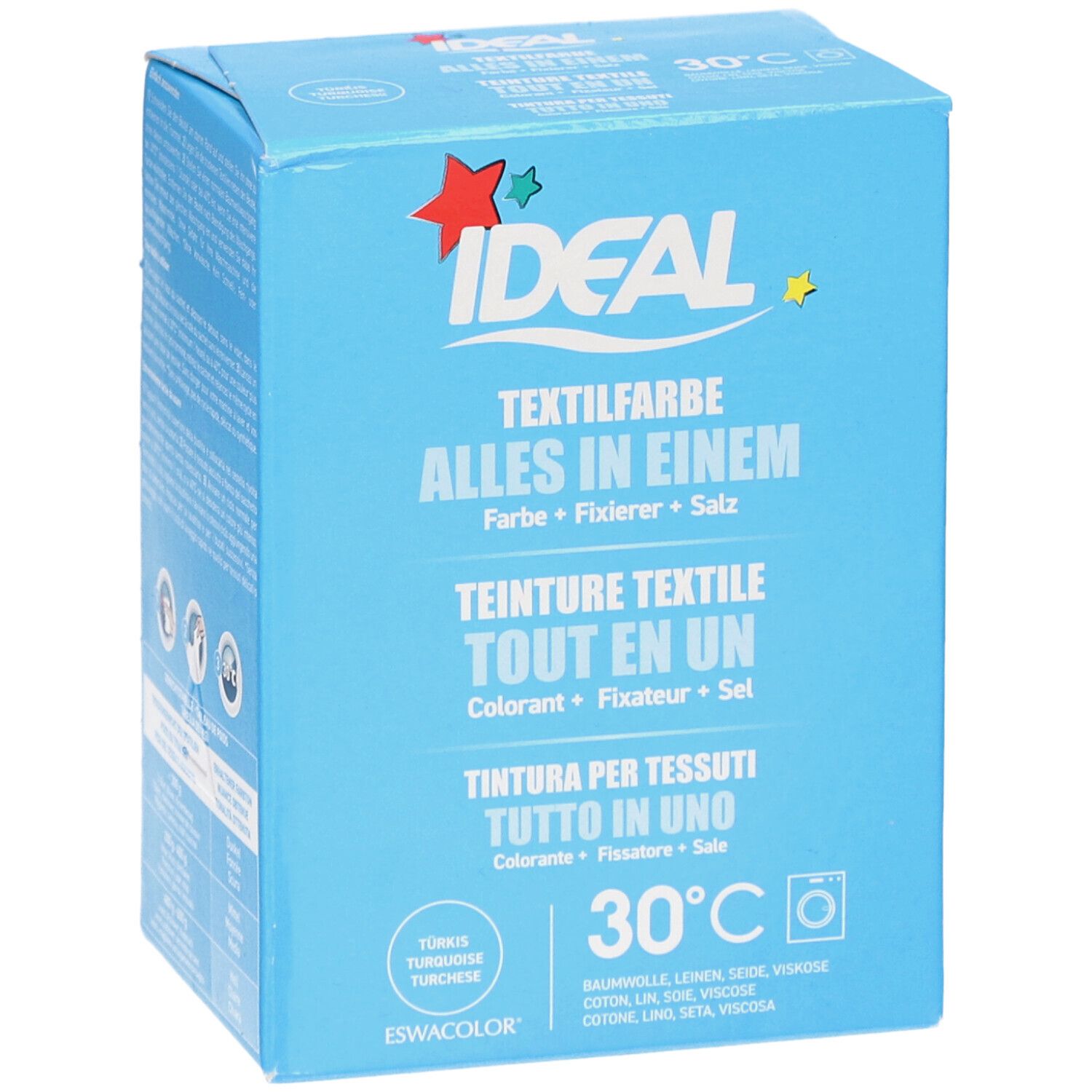 Lichtblauwe doos IDEAL Textilfarbe. Opschrift: Alles in één, kleur, fixeermiddel, zout. Wasmachine symbool 30°C. Turquoise. Productweergave.