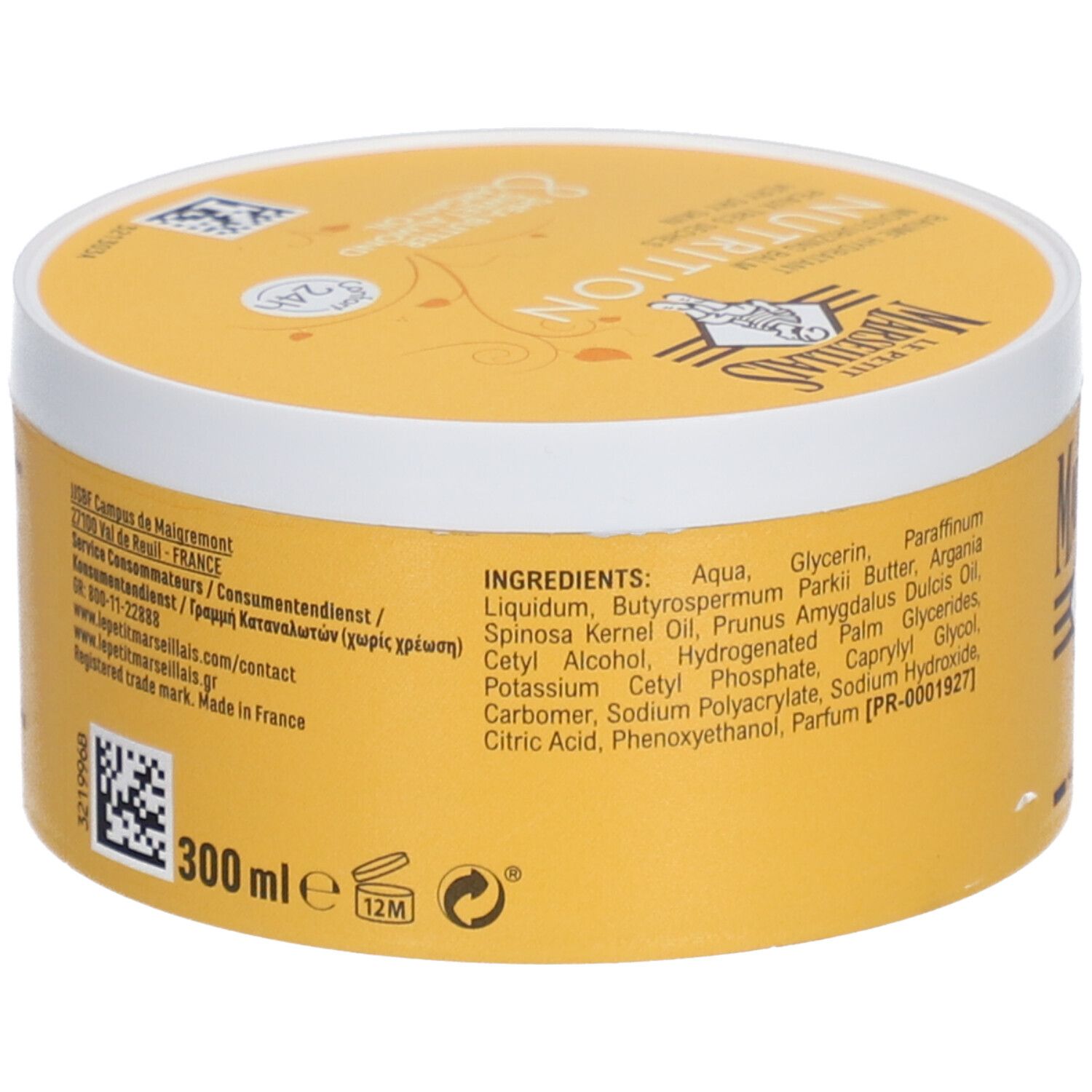 Pot jaune et couvercle blanc. Inscription: LE PETIT MARSEILLAIS, NUTRITION. Liste des ingrédients. 300 ml. Symbole 12M.