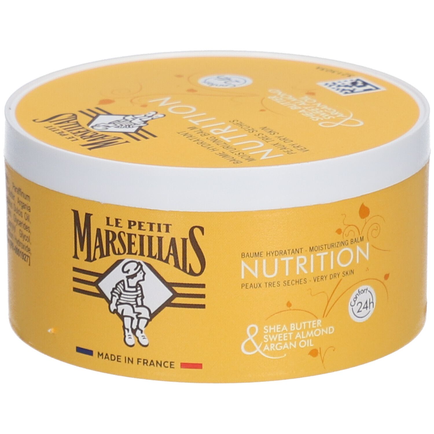 Pot jaune et couvercle blanc. Inscription: NUTRITION, Beurre de karité, Amande douce, Huile d'argan. Symbole 24H. Drapeau français.