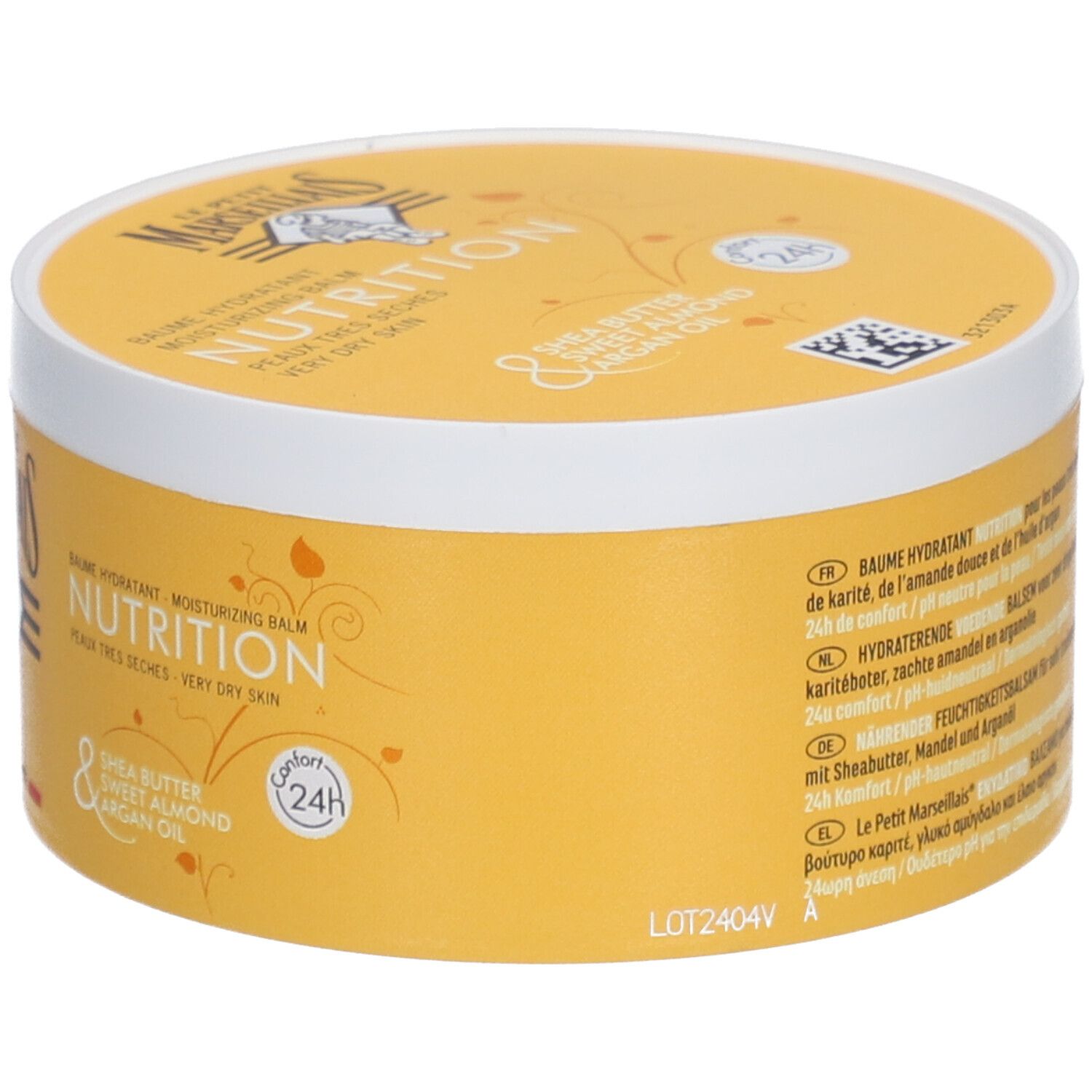 Pot jaune et couvercle blanc. Inscription: NUTRITION, Beurre de karité, Amande douce, Huile d'argan. Symbole 24H. Textes multilingues.