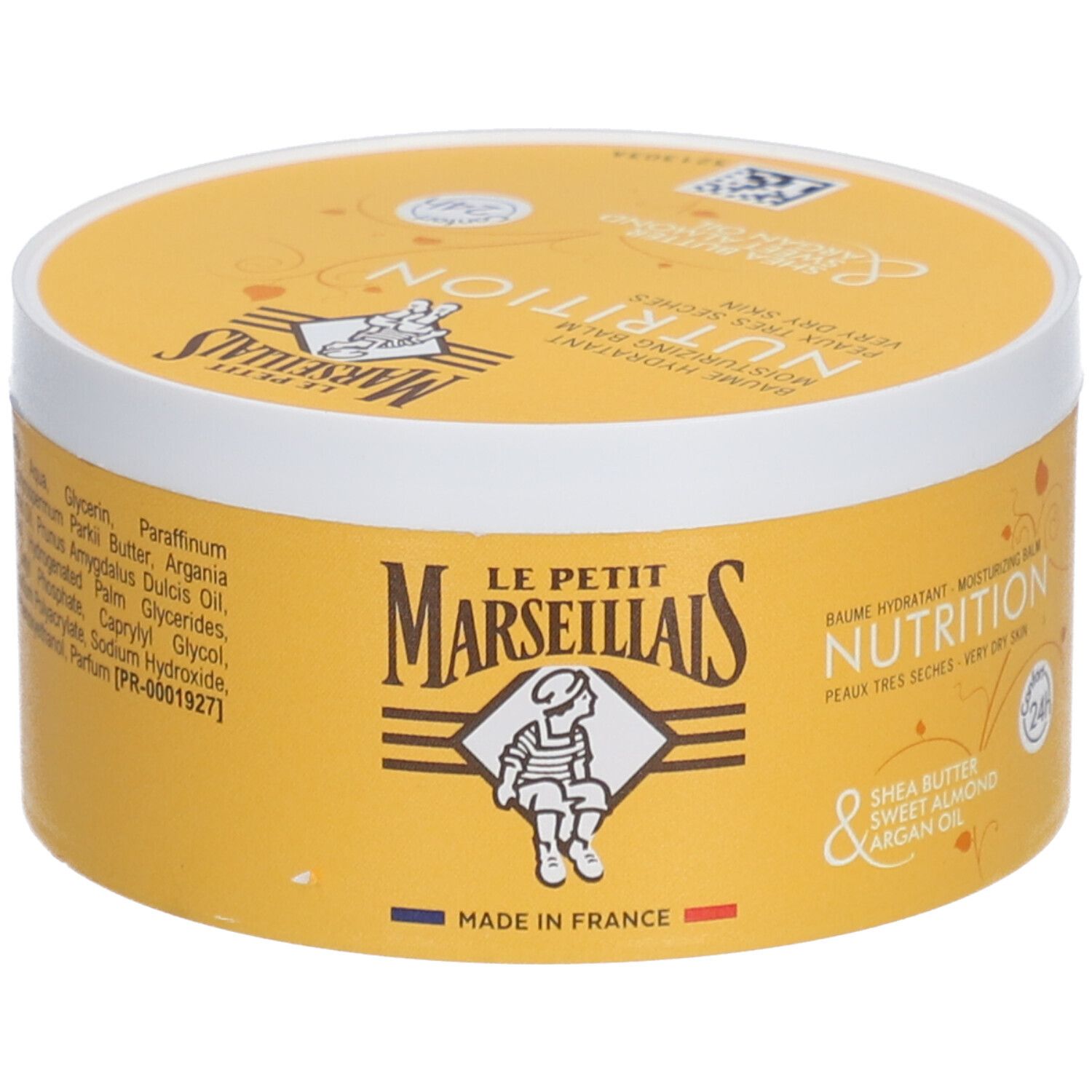 Pot jaune et couvercle blanc. Inscription: LE PETIT MARSEILLAIS, NUTRITION, Beurre de karité, Amande douce, Huile d'argan. Drapeau français.