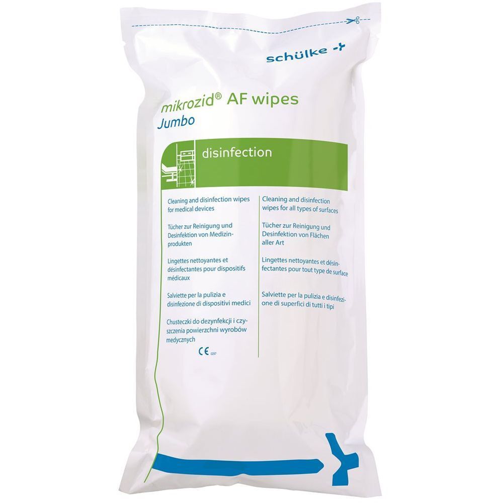 Emballage blanc avec le nom du produit mikrozid® AF wipes Jumbo. Inscriptions vertes et blanches avec texte multilingue. Marque CE.