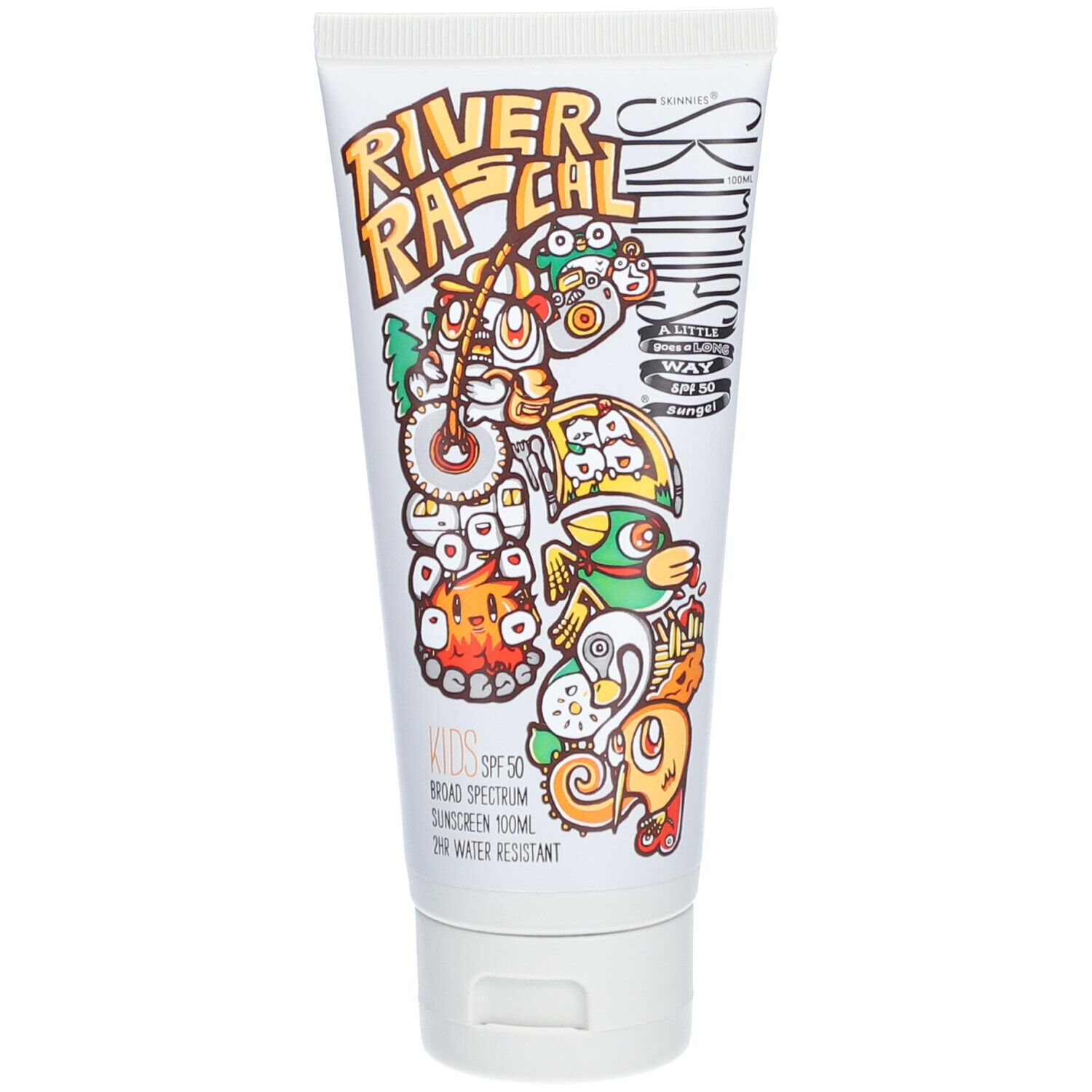 Witte tube met kleurrijke illustraties en tekst "River Rascal". Bevat "Kids SPF 50" en "Broad Spectrum". 