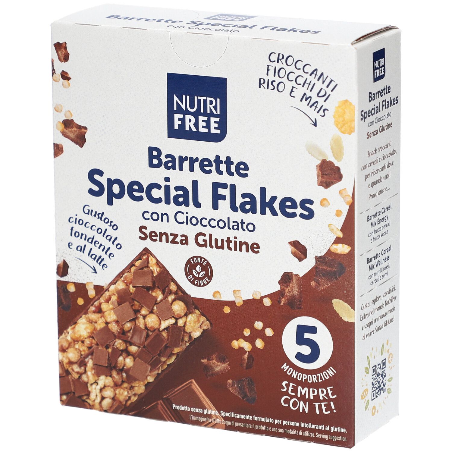Boîte de NUTRIFREE Special Flakes. Inscriptions : Barrette, chocolat, sans gluten, 5 portions. Image d'une barre.