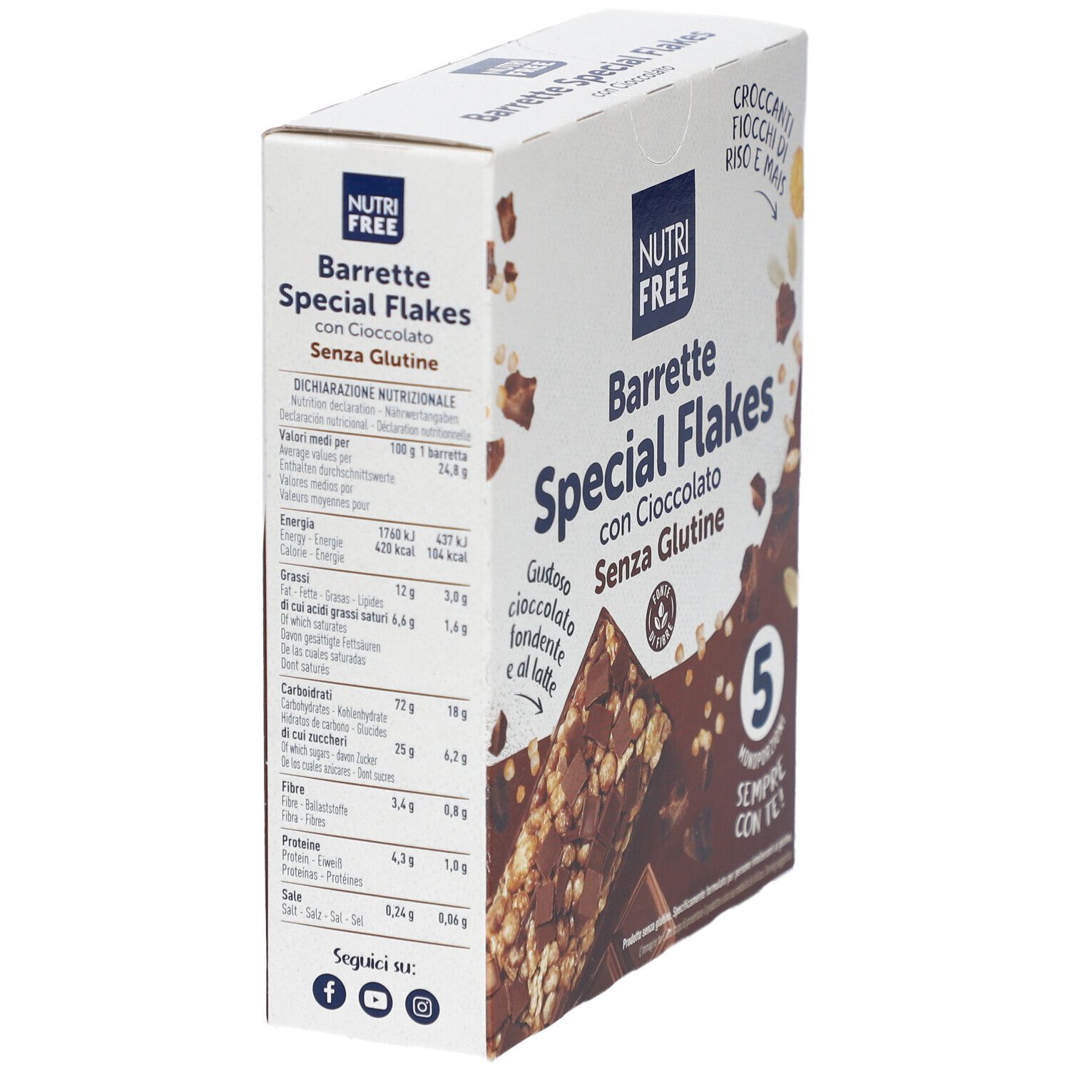 Boîte NUTRIFREE Special Flakes, vue latérale. Informations nutritionnelles et nom du produit. Texte en italien.