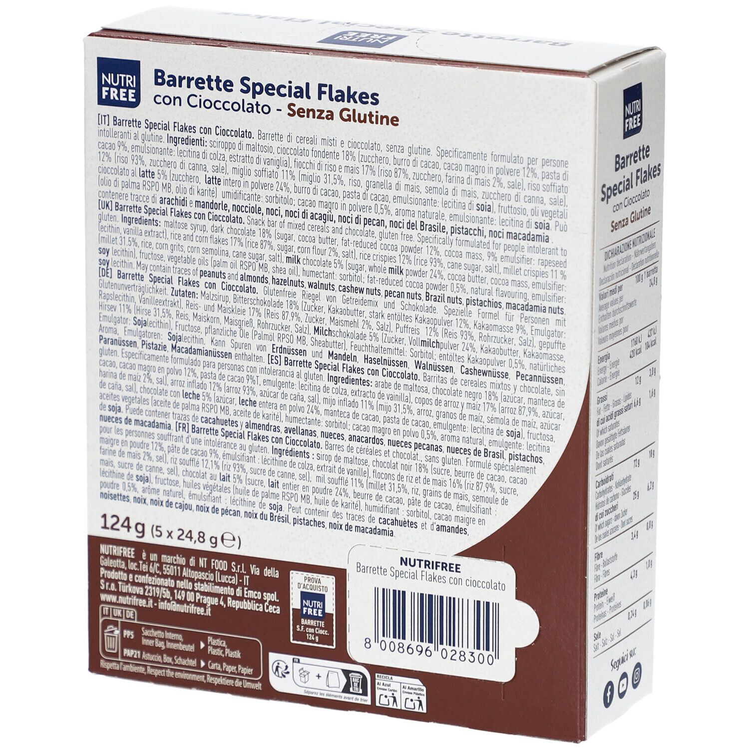 Dos de la boîte NUTRIFREE Special Flakes. Liste des ingrédients et informations nutritionnelles. Texte multilingue.