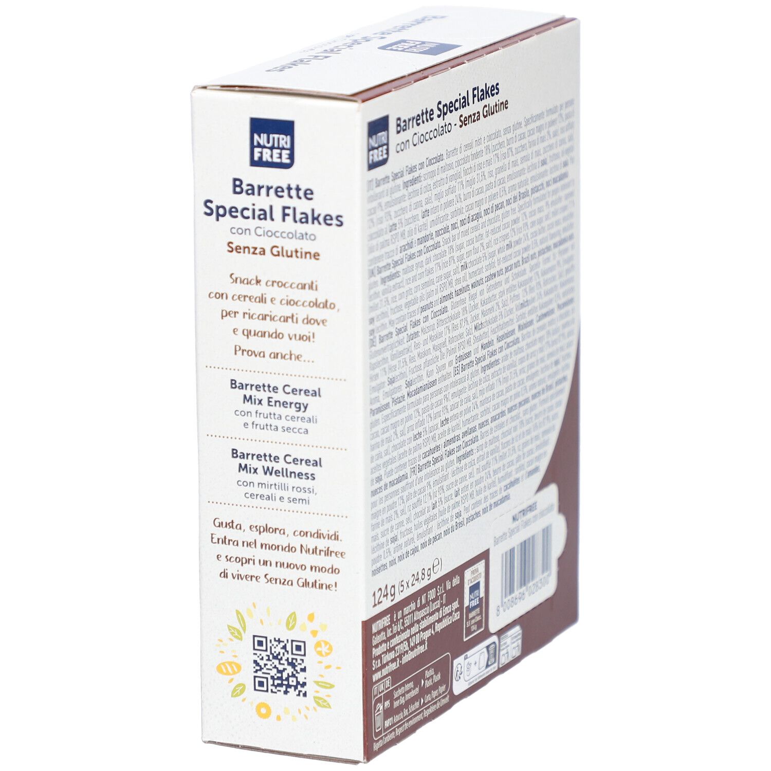Boîte NUTRIFREE Special Flakes, vue latérale. Nom du produit et texte. Code QR et image du produit.