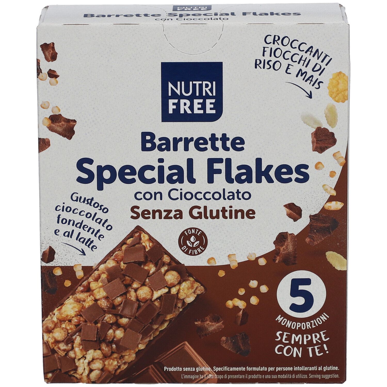 Boîte de NUTRIFREE Special Flakes. Inscriptions : Barrette, chocolat, sans gluten, 5 portions. Image d'une barre.