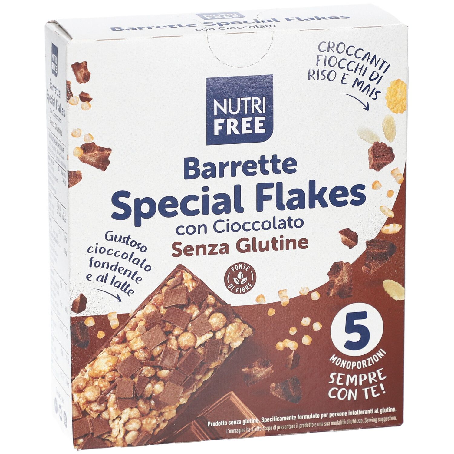 Boîte de NUTRIFREE Special Flakes. Inscriptions : Barrette, chocolat, sans gluten, 5 portions. Image d'une barre.