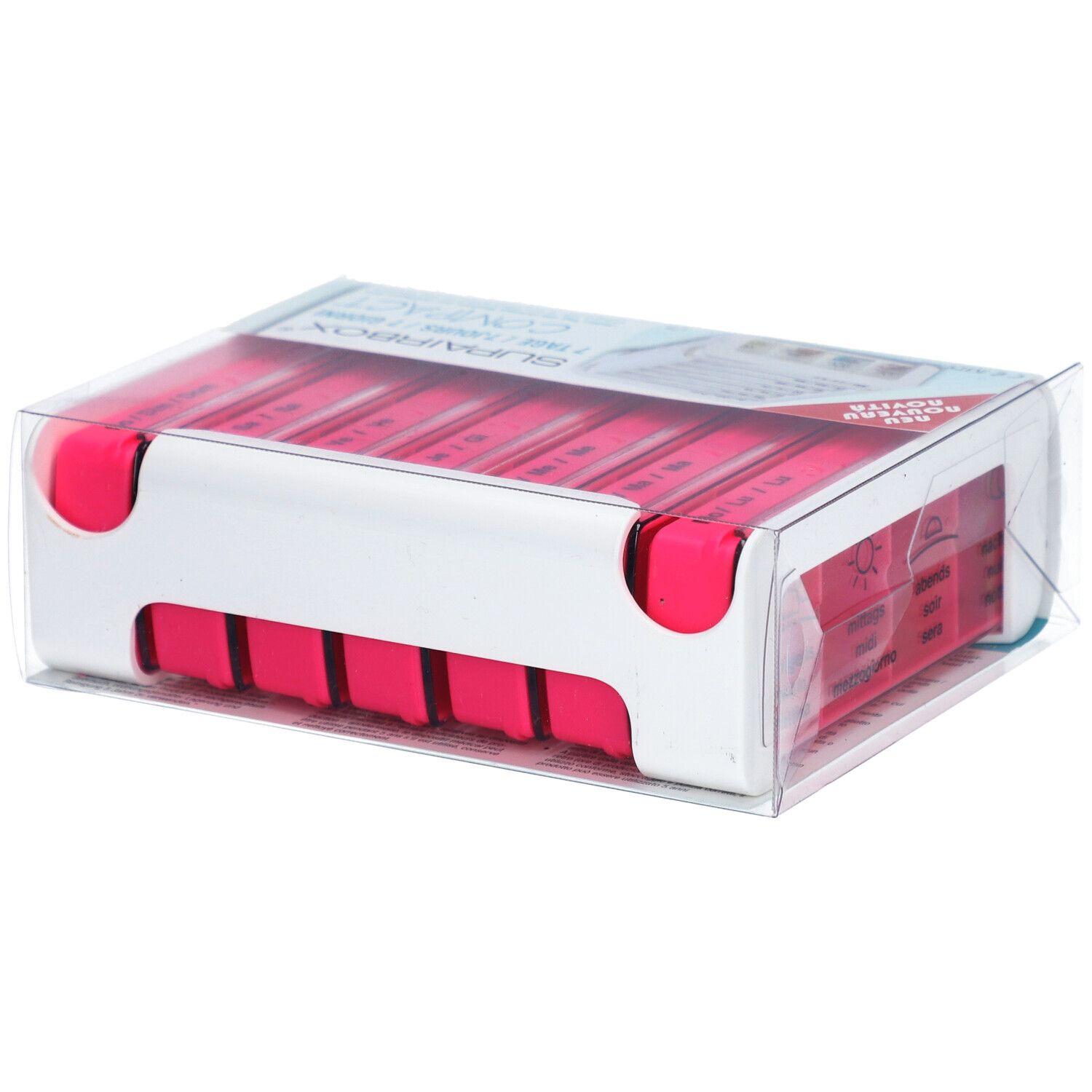 Roze SUPERBOX Semainier, wekelijkse pillendoos, in verpakking. Transparante verpakking. Roze compartimenten zichtbaar.