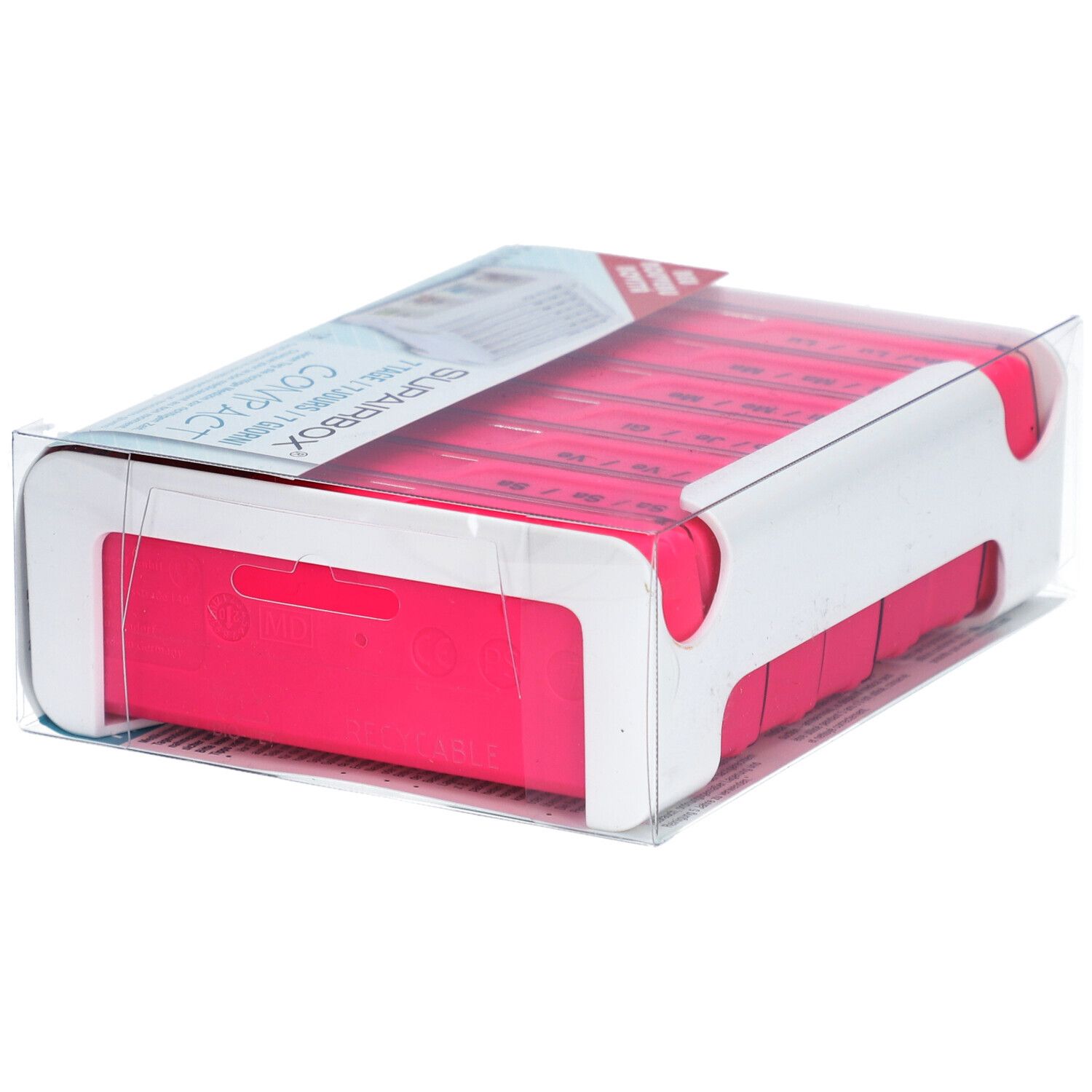 Roze SUPERBOX Semainier, wekelijkse pillendoos, in verpakking. Roze en wit. Transparante verpakking.